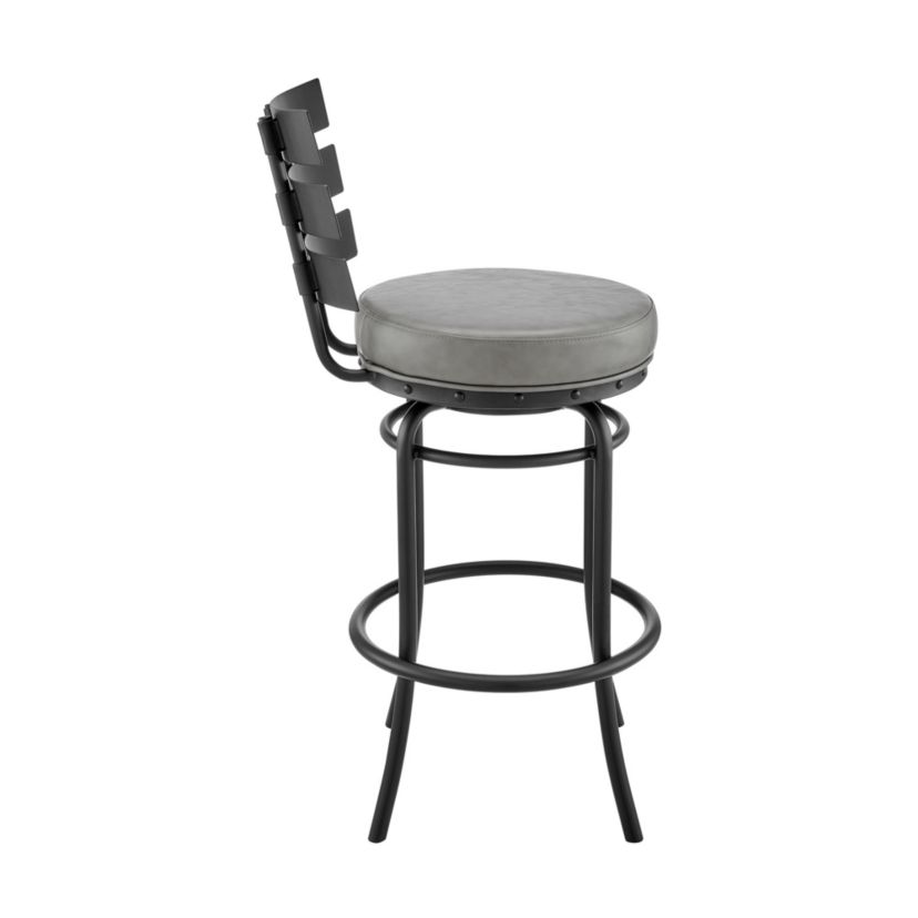 Natya Swivel Counter or Bar Stool in Black Finish with Gray Faux Leather