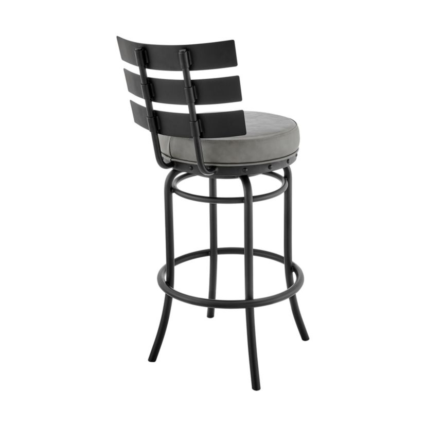 Natya Swivel Counter or Bar Stool in Black Finish with Gray Faux Leather
