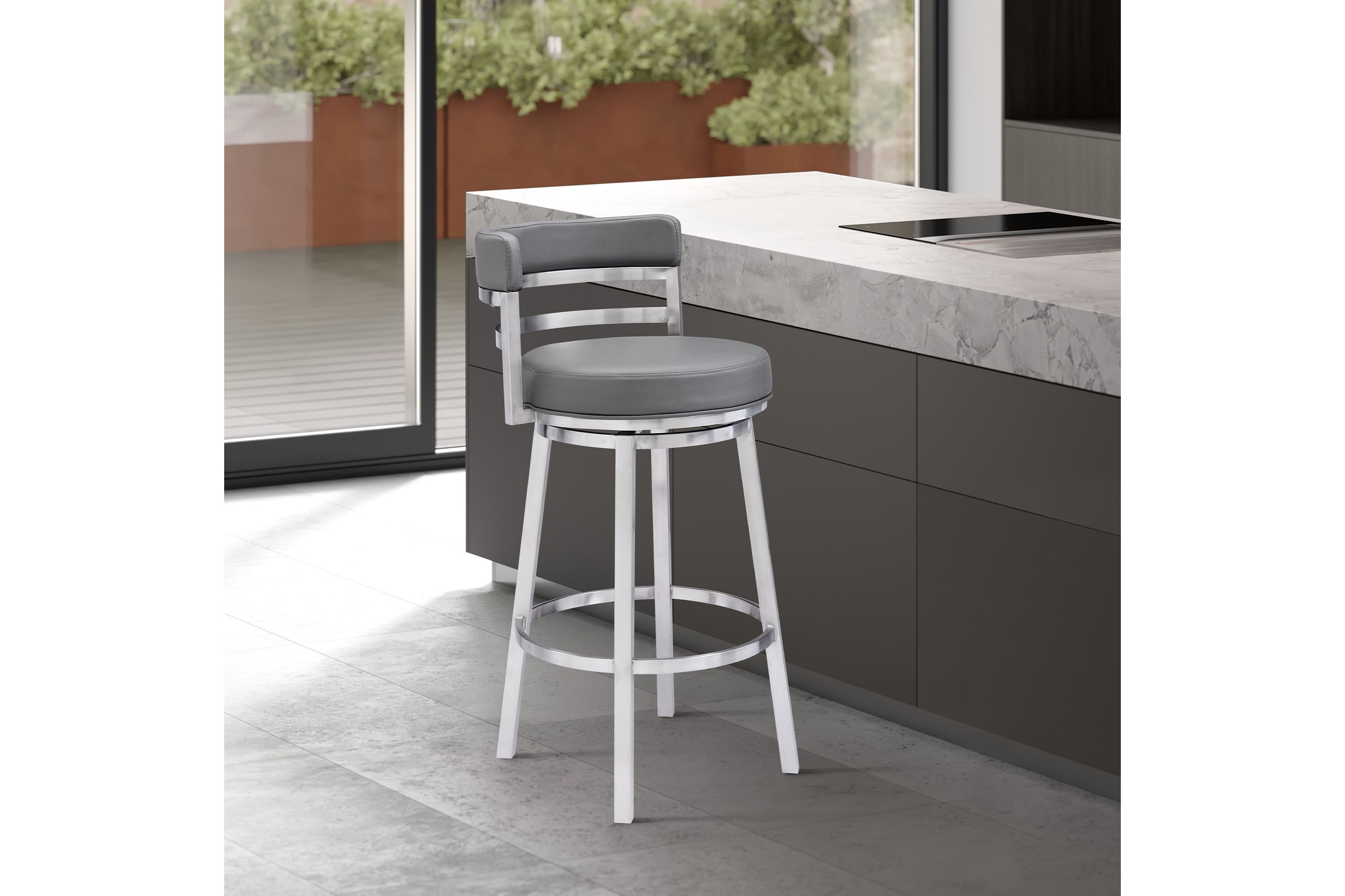 Titana 26" Counter Height Swivel Gray Faux Leather and Brushed Stainless Steel Bar Stool