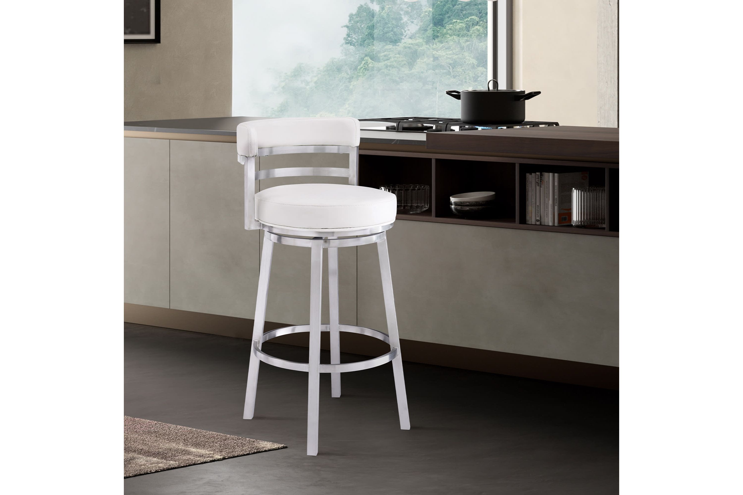 Titana 26" Counter Height Swivel White Faux Leather and Brushed Stainless Steel Bar Stool
