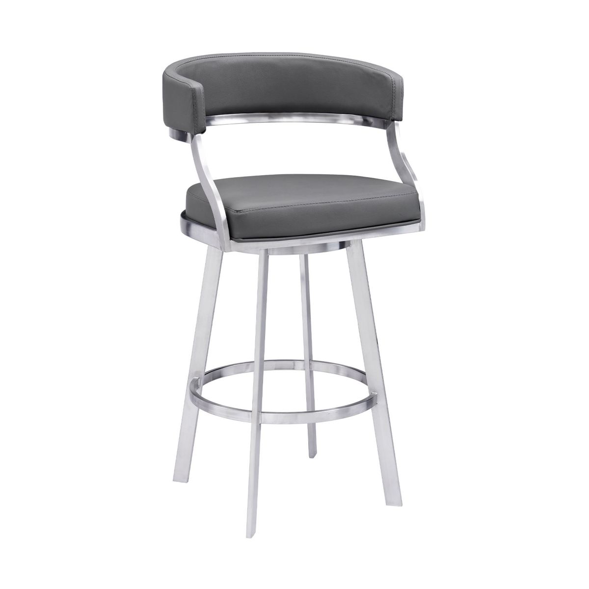 Dione 30" Bar Height Swivel Grey Faux Leather and Brushed Stainless Steel Bar Stool