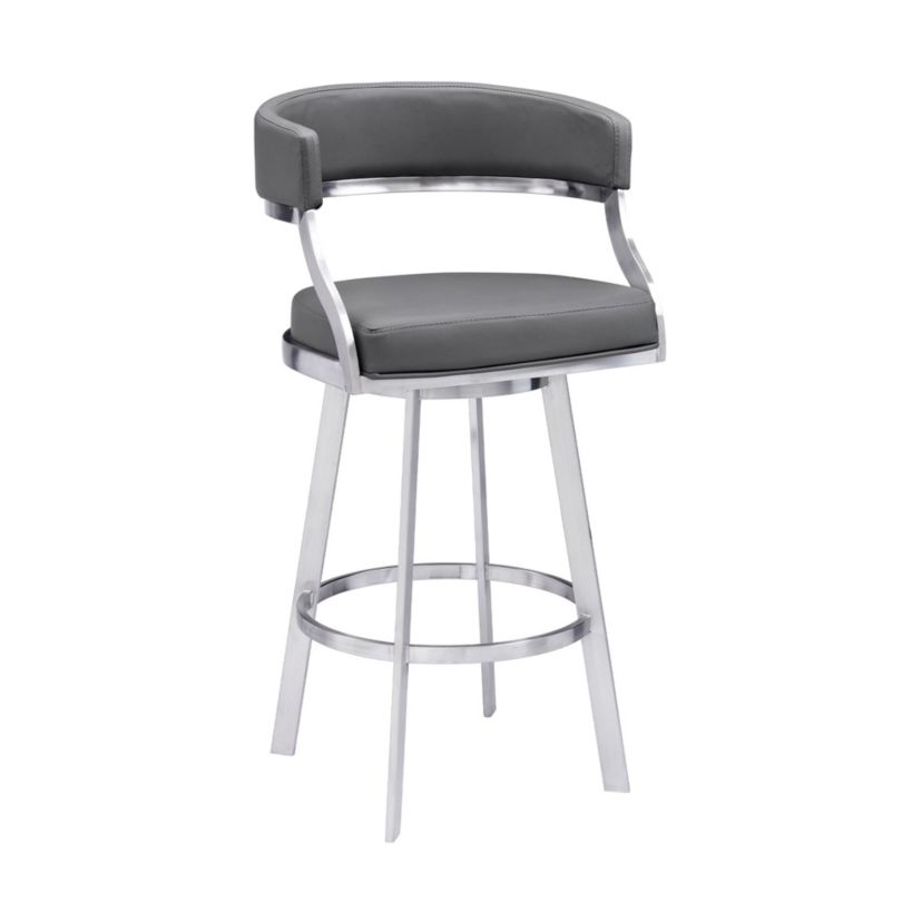 Dione 30" Bar Height Swivel Grey Faux Leather and Brushed Stainless Steel Bar Stool