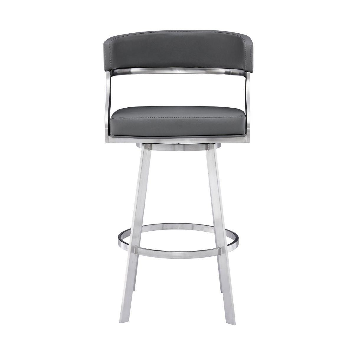 Dione 30" Bar Height Swivel Grey Faux Leather and Brushed Stainless Steel Bar Stool