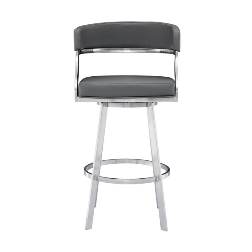 Dione 30" Bar Height Swivel Grey Faux Leather and Brushed Stainless Steel Bar Stool