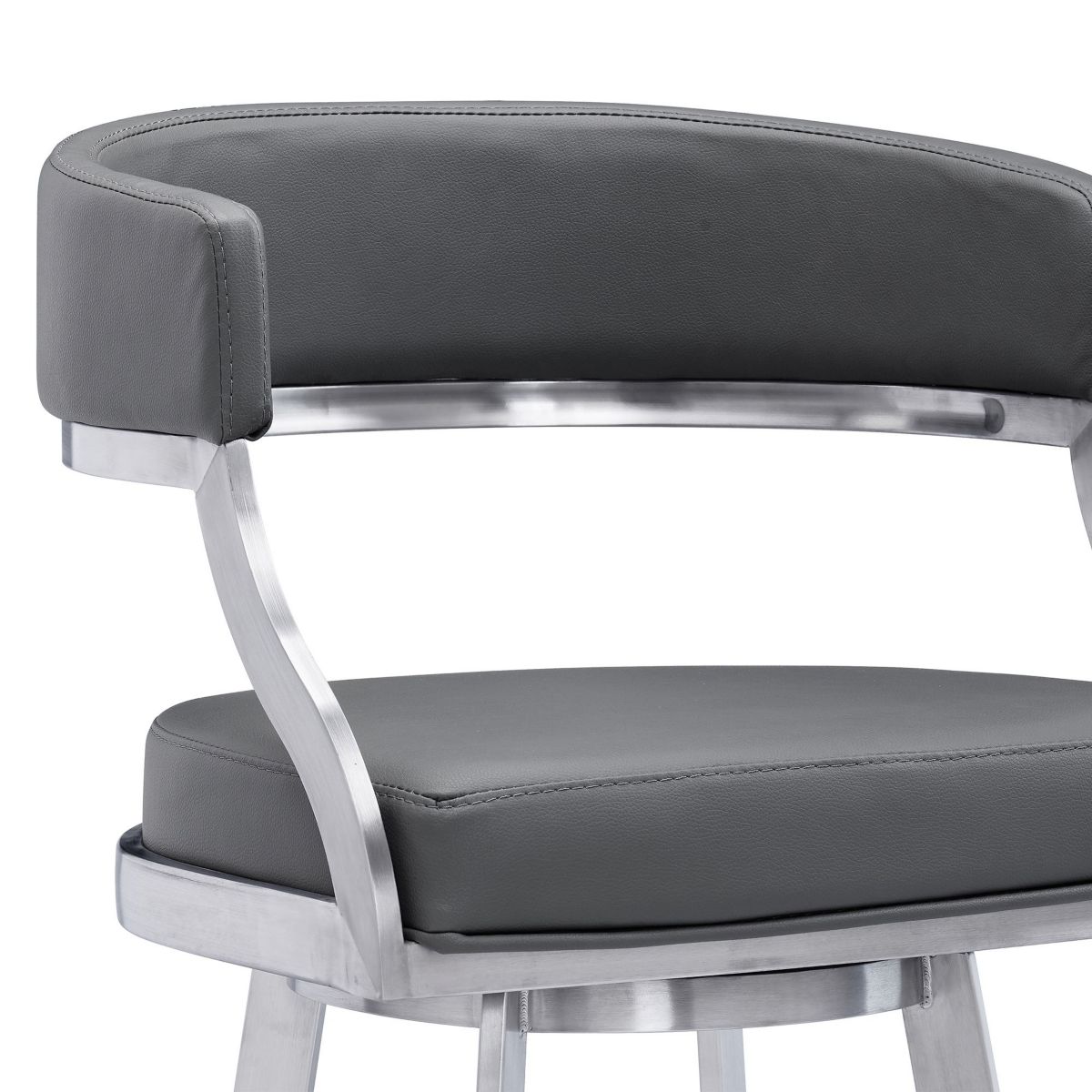 Dione 30" Bar Height Swivel Grey Faux Leather and Brushed Stainless Steel Bar Stool