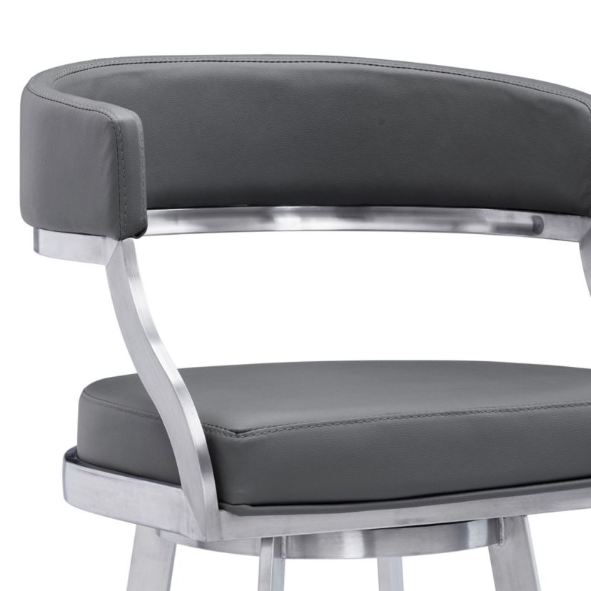 Dione 30" Bar Height Swivel Grey Faux Leather and Brushed Stainless Steel Bar Stool