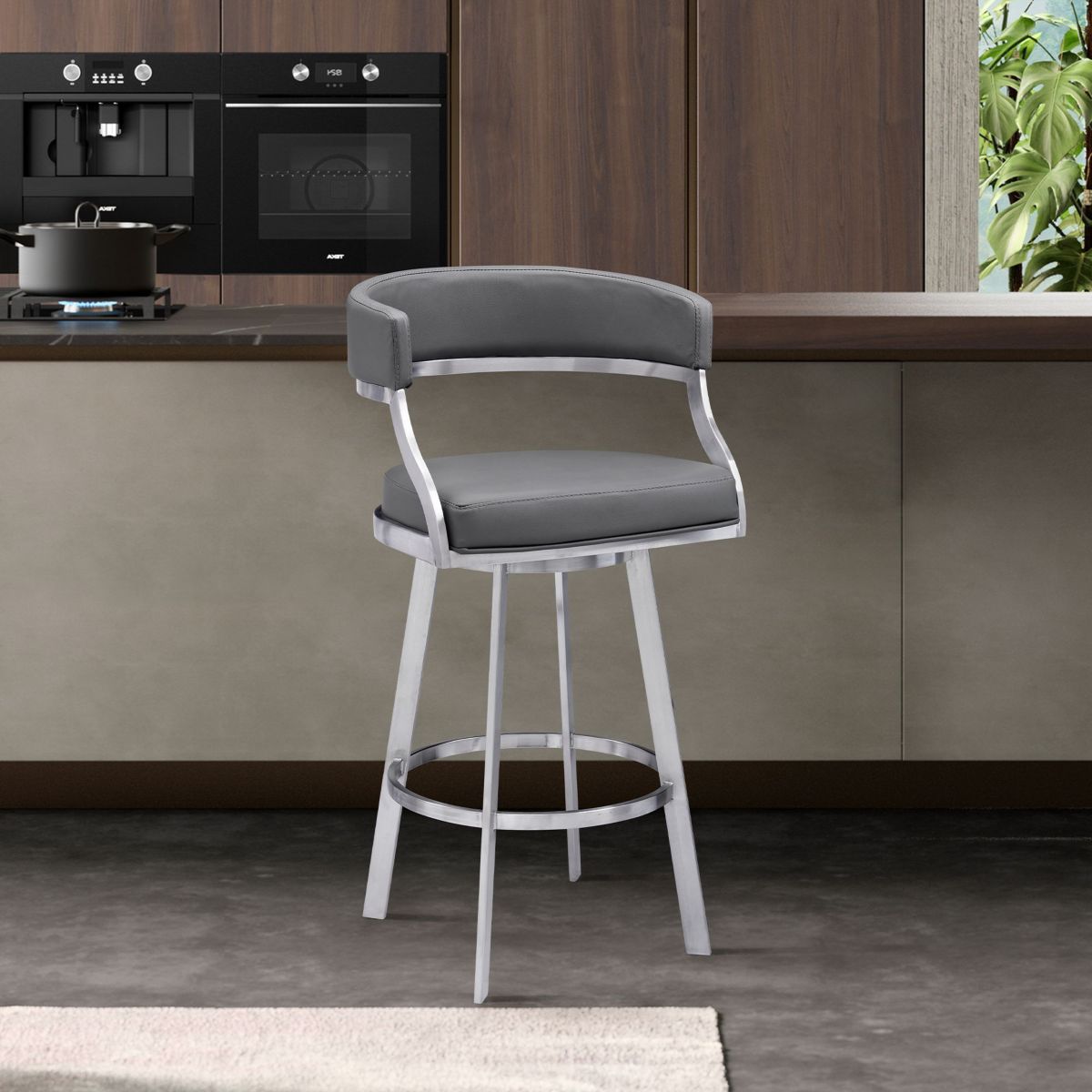 Dione 30" Bar Height Swivel Grey Faux Leather and Brushed Stainless Steel Bar Stool