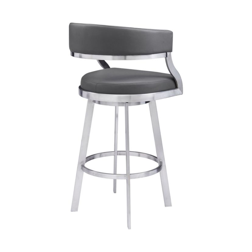 Dione 30" Bar Height Swivel Grey Faux Leather and Brushed Stainless Steel Bar Stool