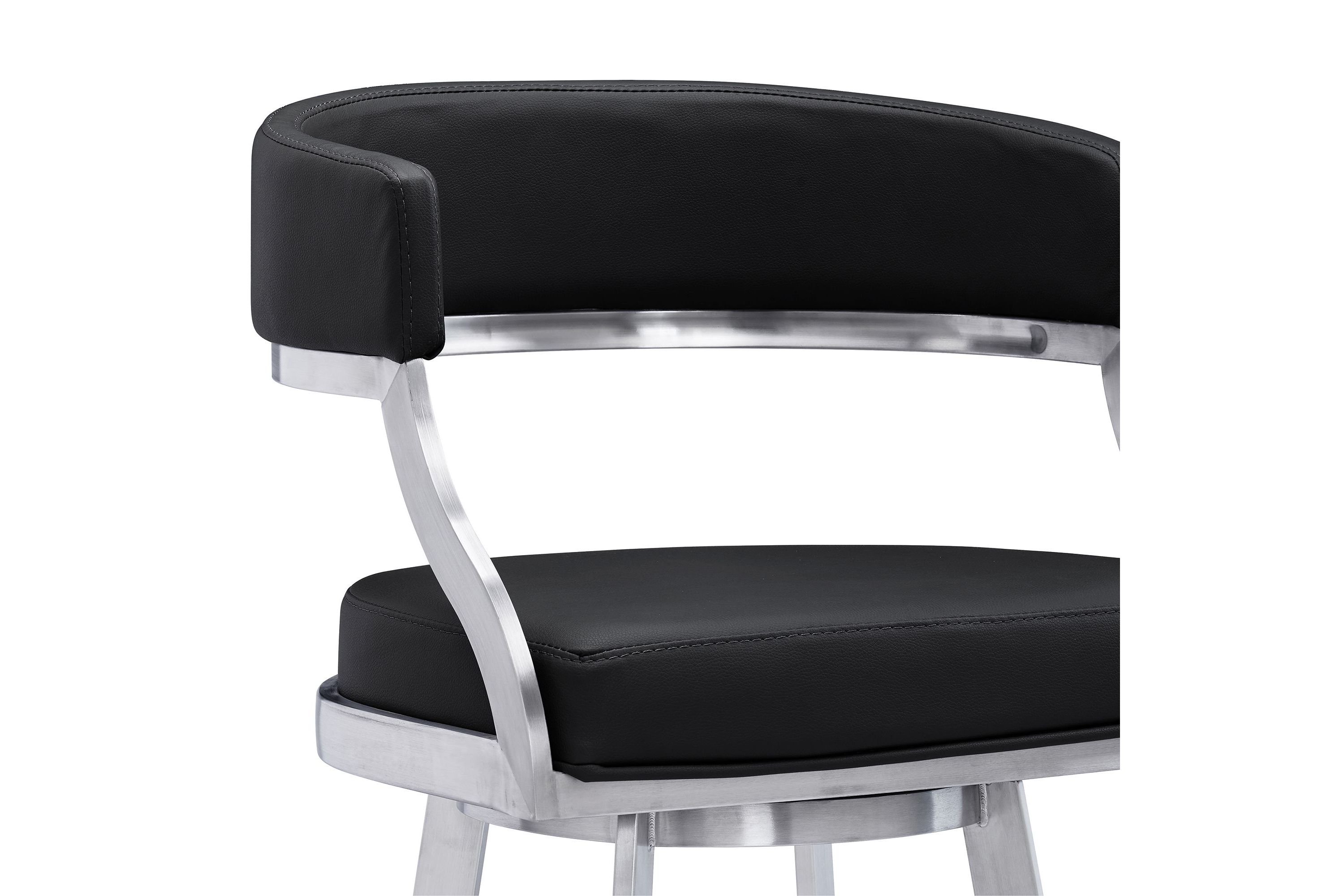 Dione 26" Counter Height Swivel Black Faux Leather and Brushed Stainless Steel Bar Stool
