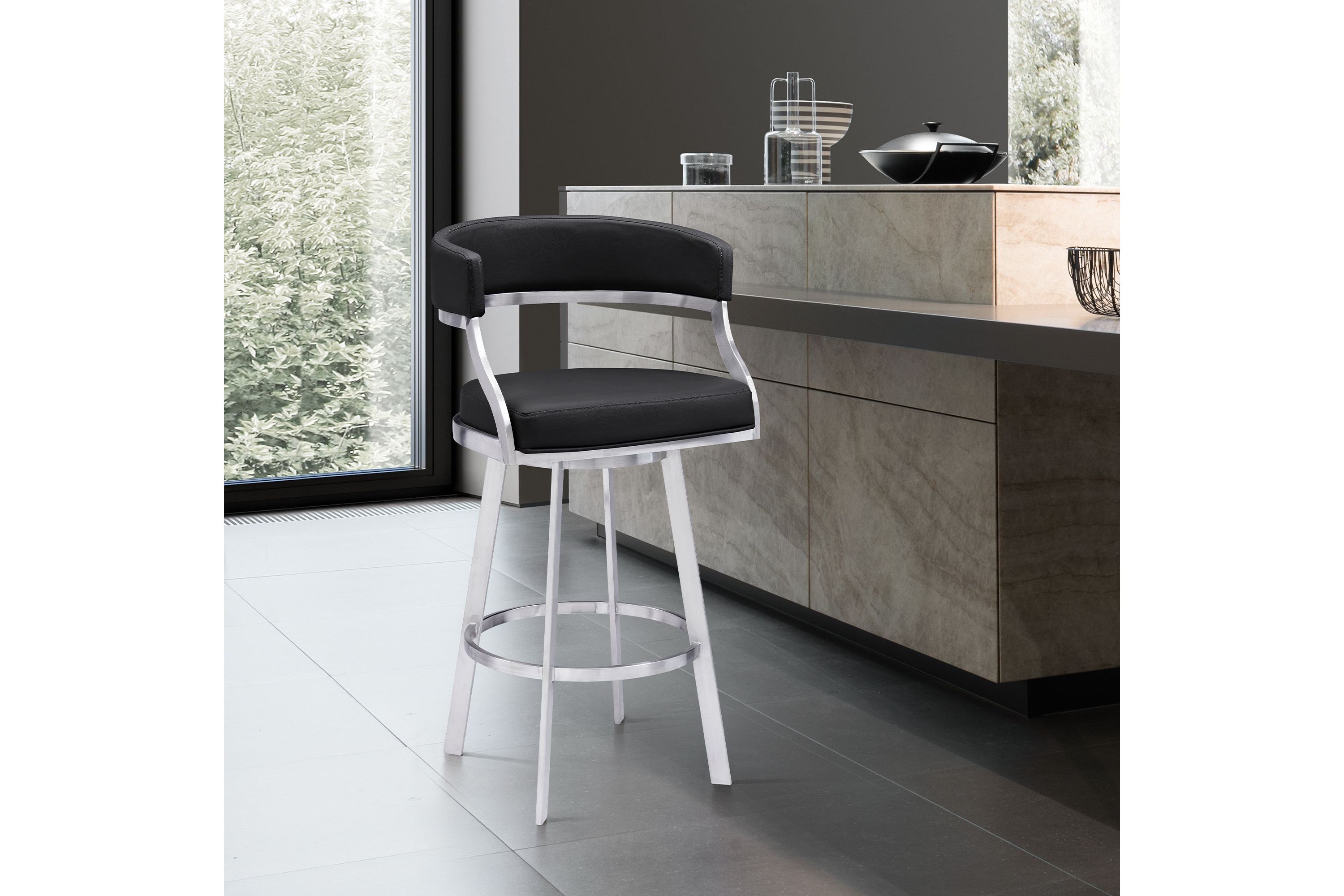Dione 26" Counter Height Swivel Black Faux Leather and Brushed Stainless Steel Bar Stool