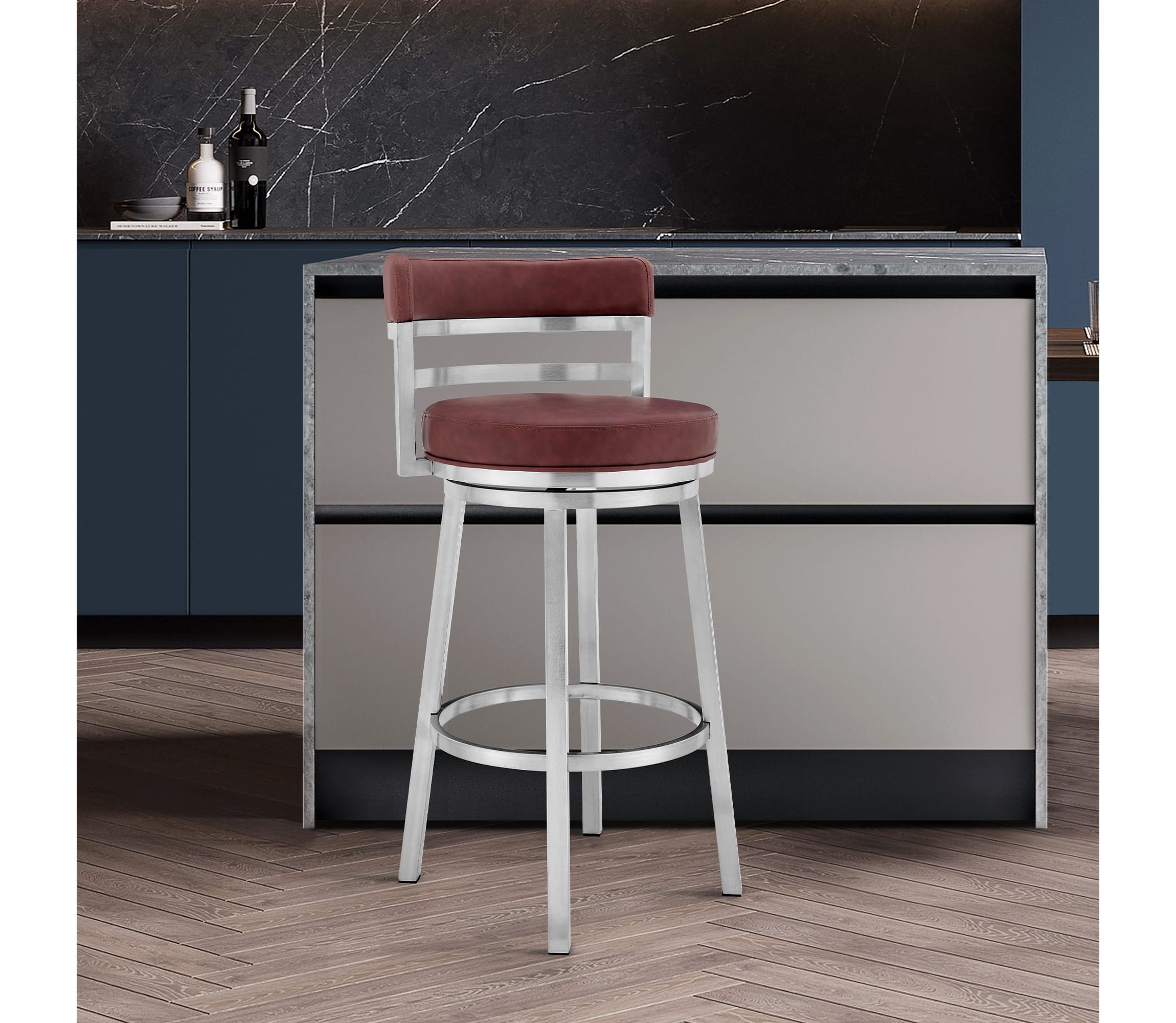 Titana 26" Counter Height Swivel Red Faux Leather and Brushed Stainless Steel Bar Stool