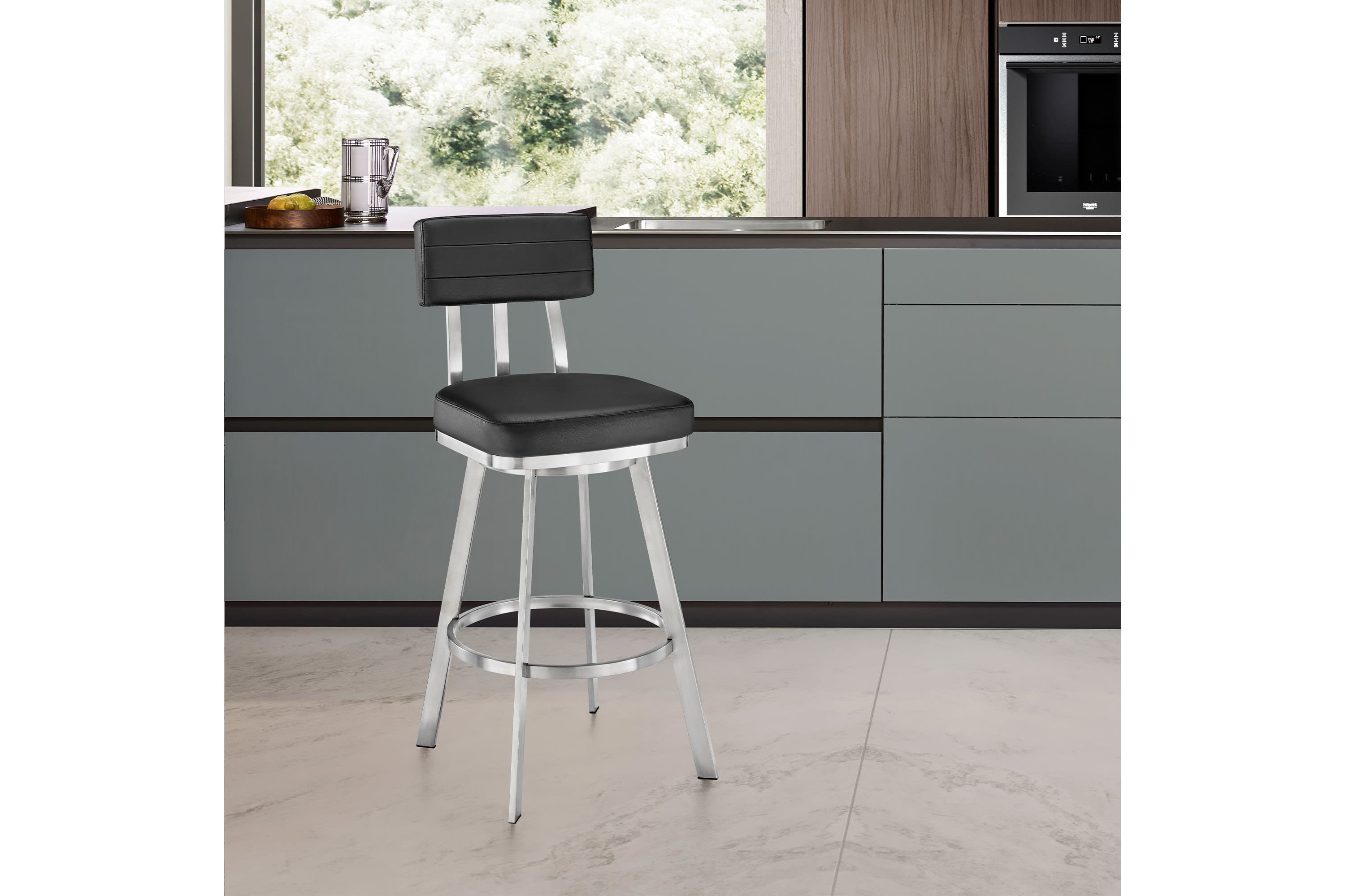 Jinab Swivel Counter Stool in Brushed Stainless Steel with Black Faux Leather