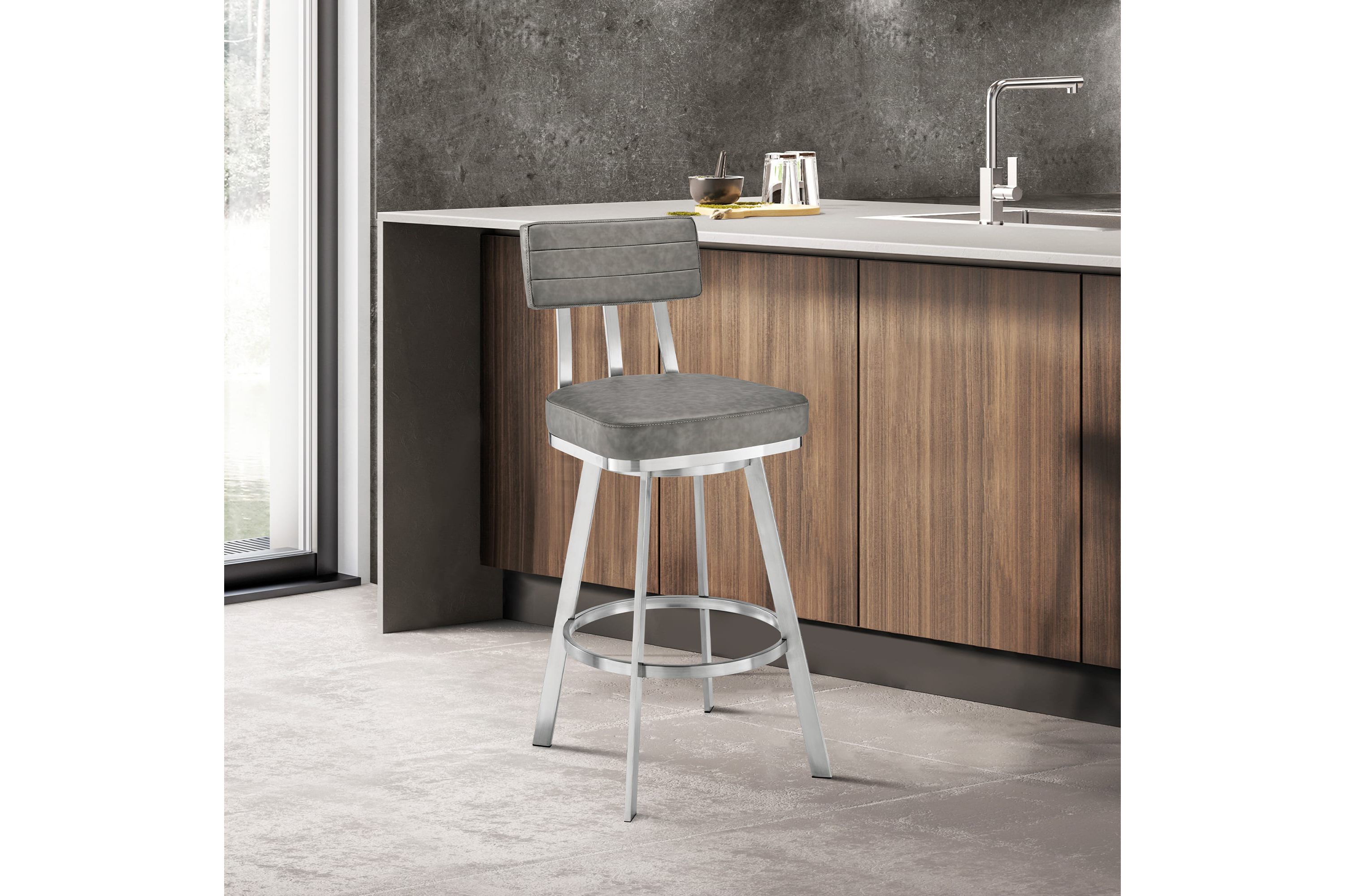 Jinab Swivel Bar Stool in Brushed Stainless Steel with Gray Faux Leather