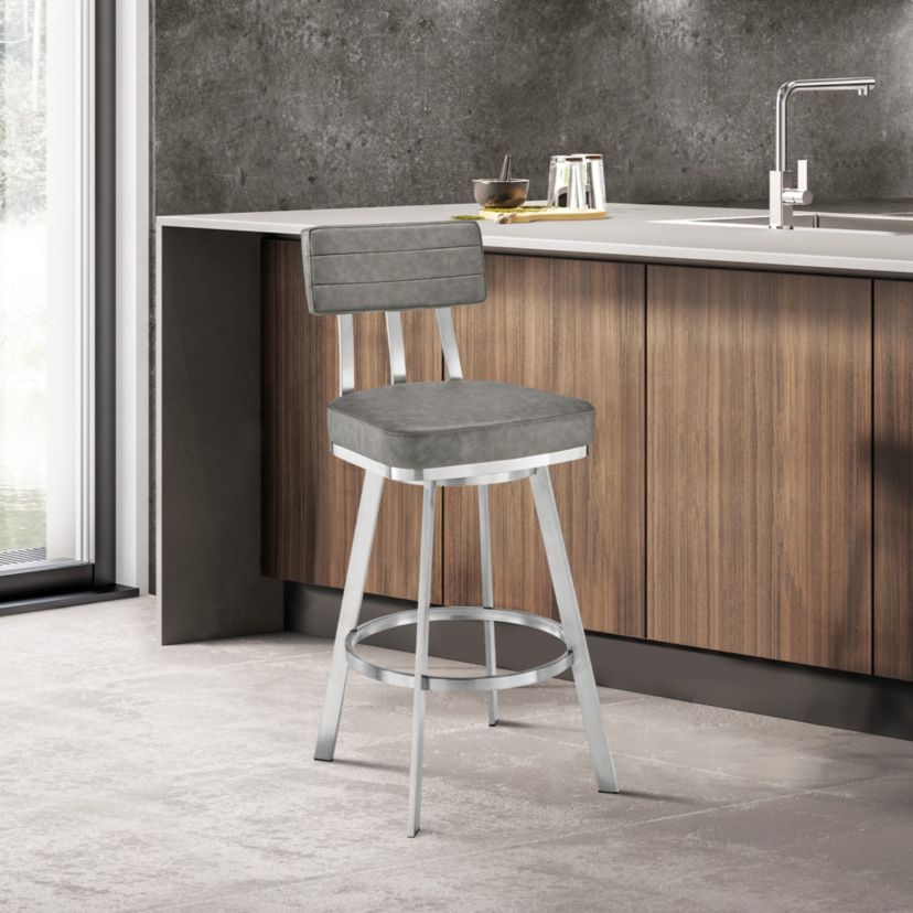 Jinab Swivel Bar Stool in Brushed Stainless Steel with Gray Faux Leather