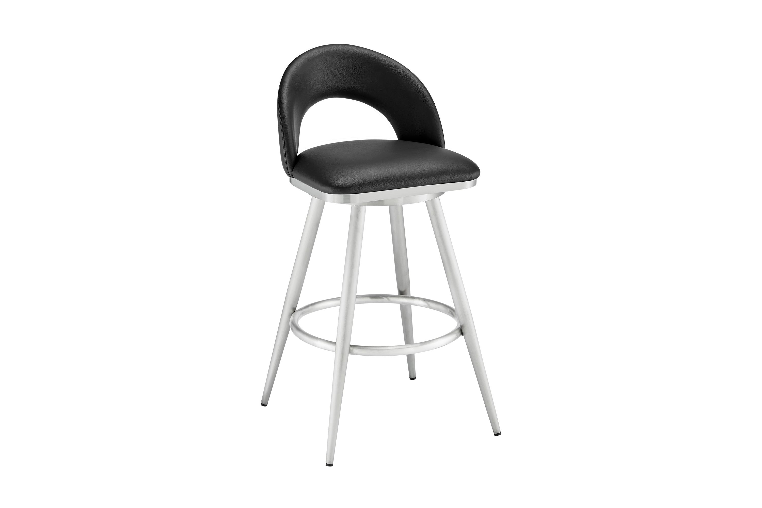 Lottech Swivel Counter Stool in Brushed Stainless Steel and Black Faux Leather