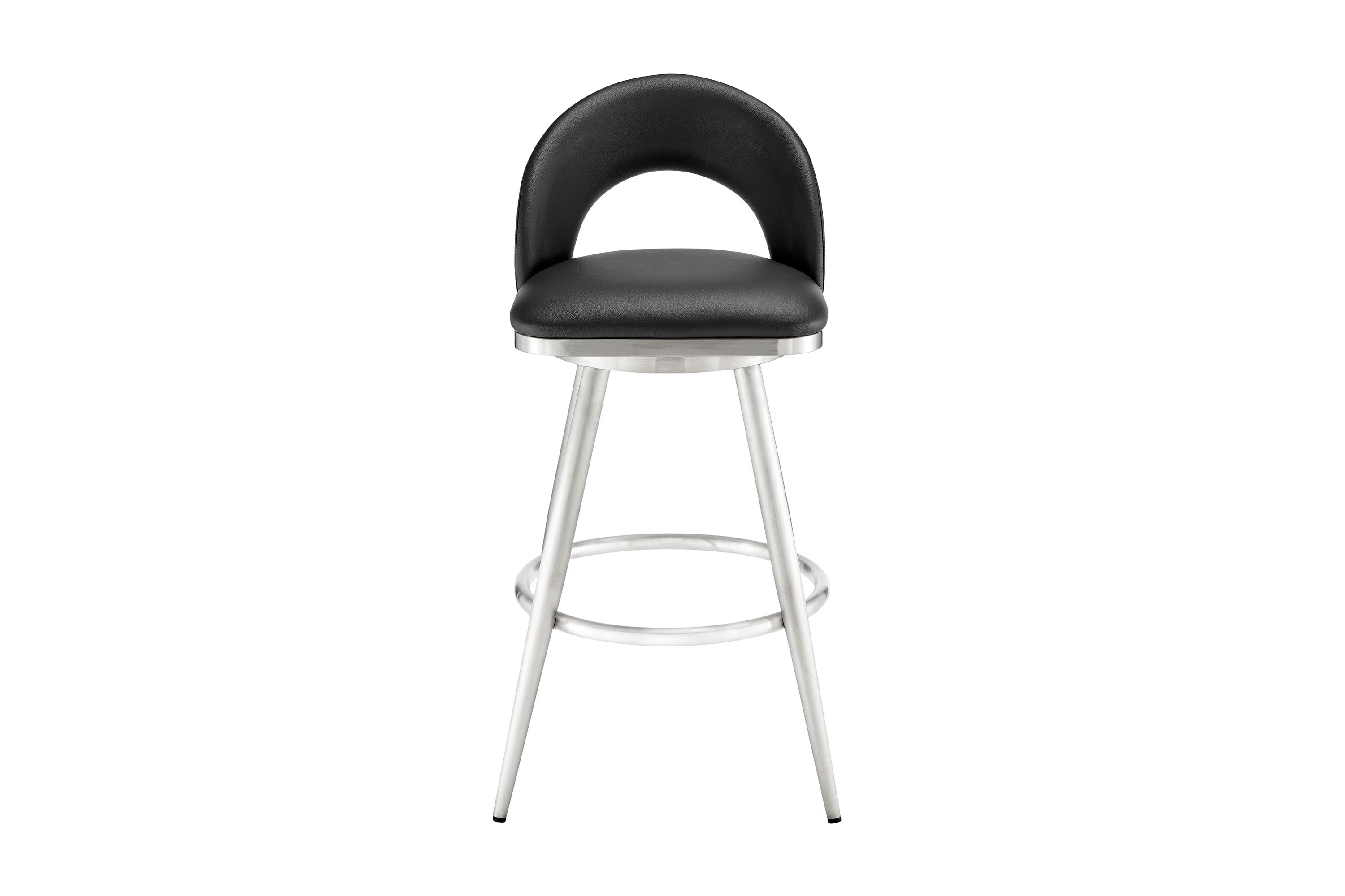 Lottech Swivel Counter Stool in Brushed Stainless Steel and Black Faux Leather