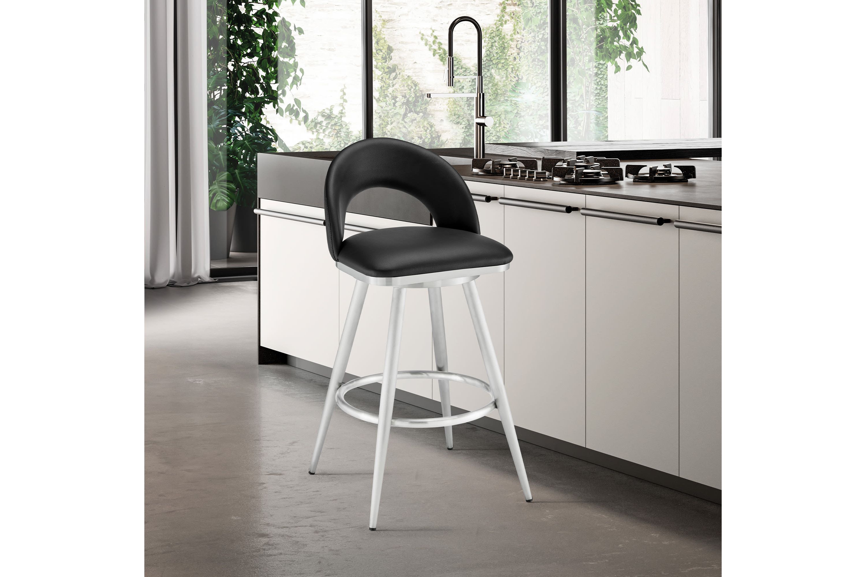 Lottech Swivel Counter Stool in Brushed Stainless Steel and Black Faux Leather