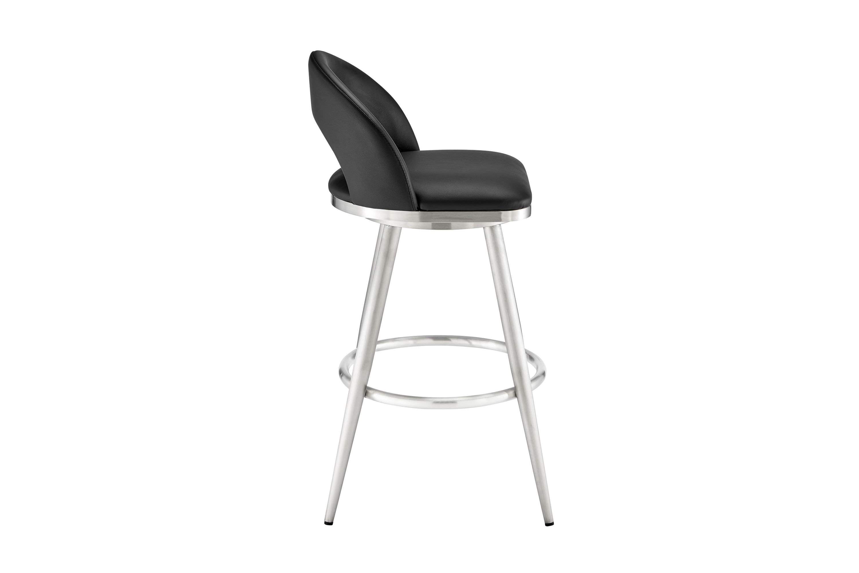 Lottech Swivel Counter Stool in Brushed Stainless Steel and Black Faux Leather