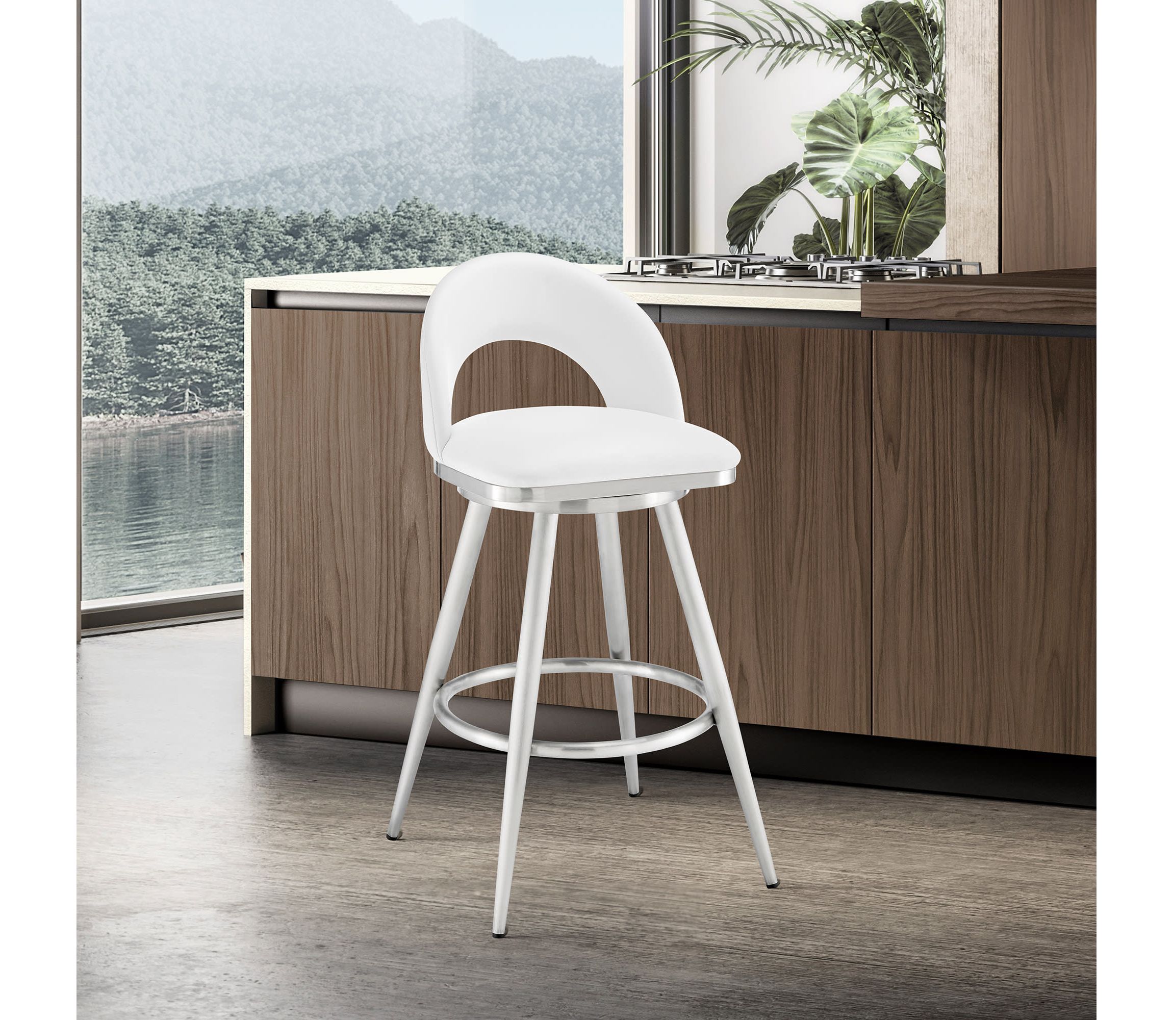 Lottech Swivel Bar Stool in Brushed Stainless Steel with White Faux Leather