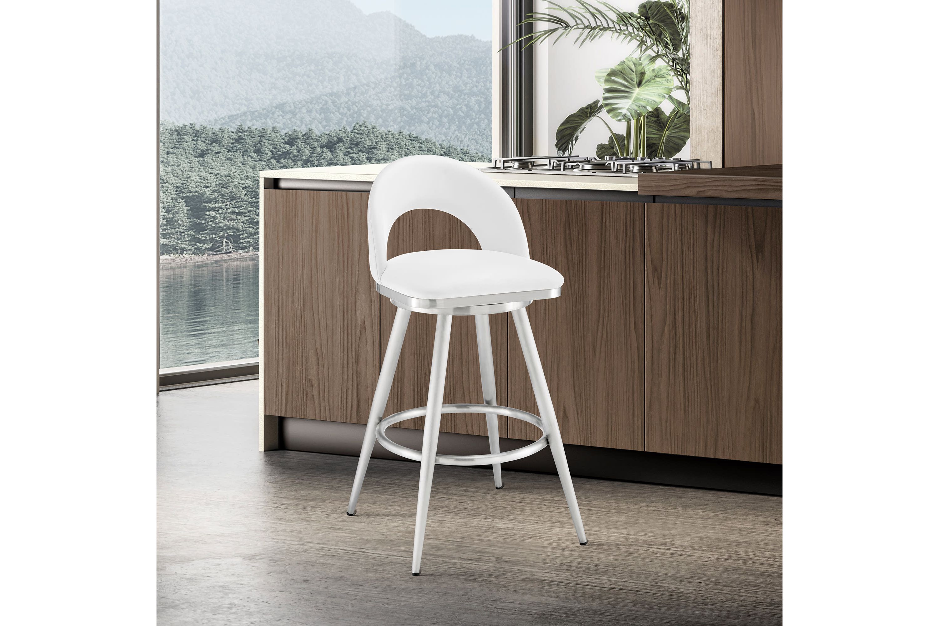 Lottech Swivel Bar Stool in Brushed Stainless Steel with White Faux Leather