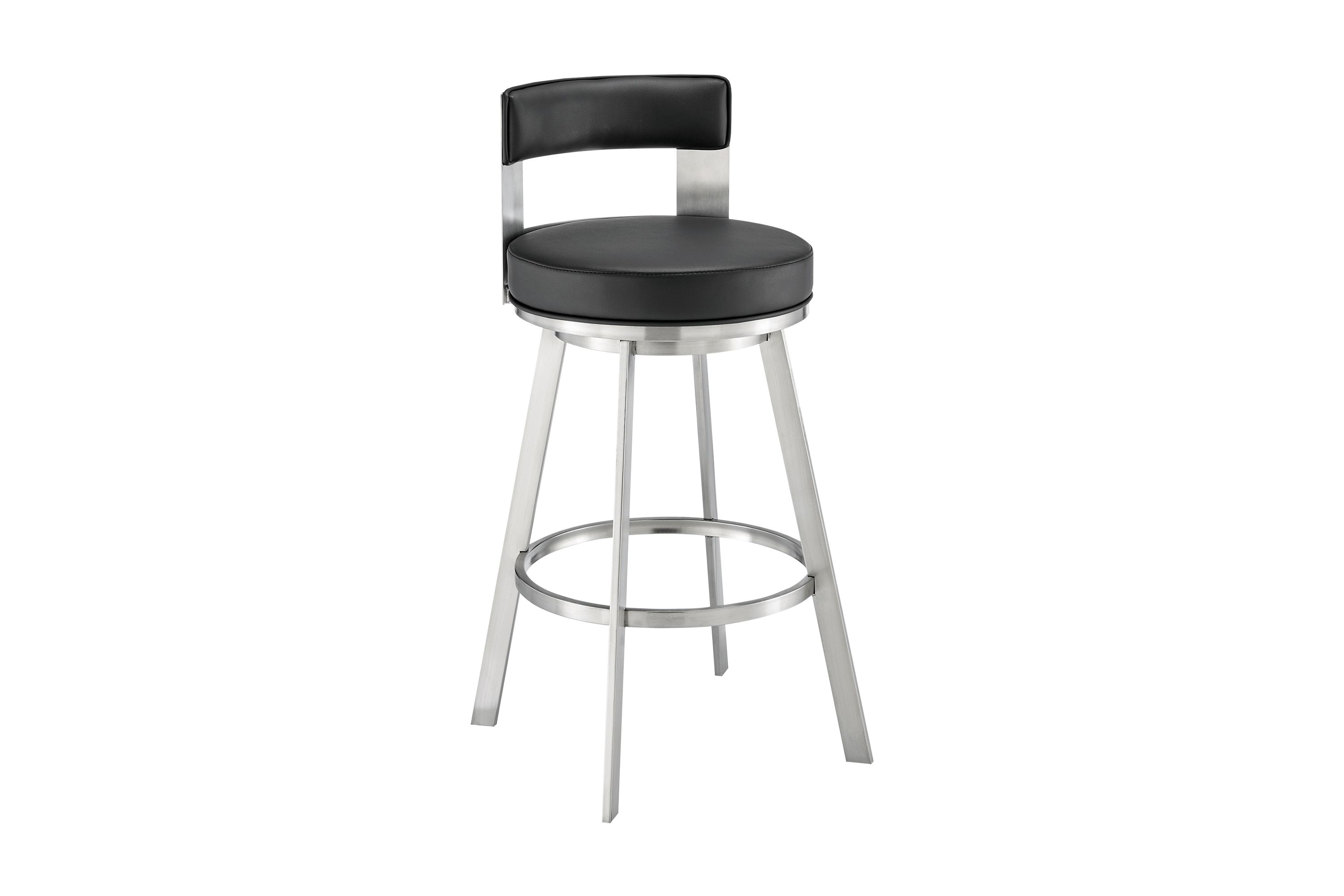 Lynof Swivel Counter Stool in Brushed Stainless Steel with Black Faux Leather
