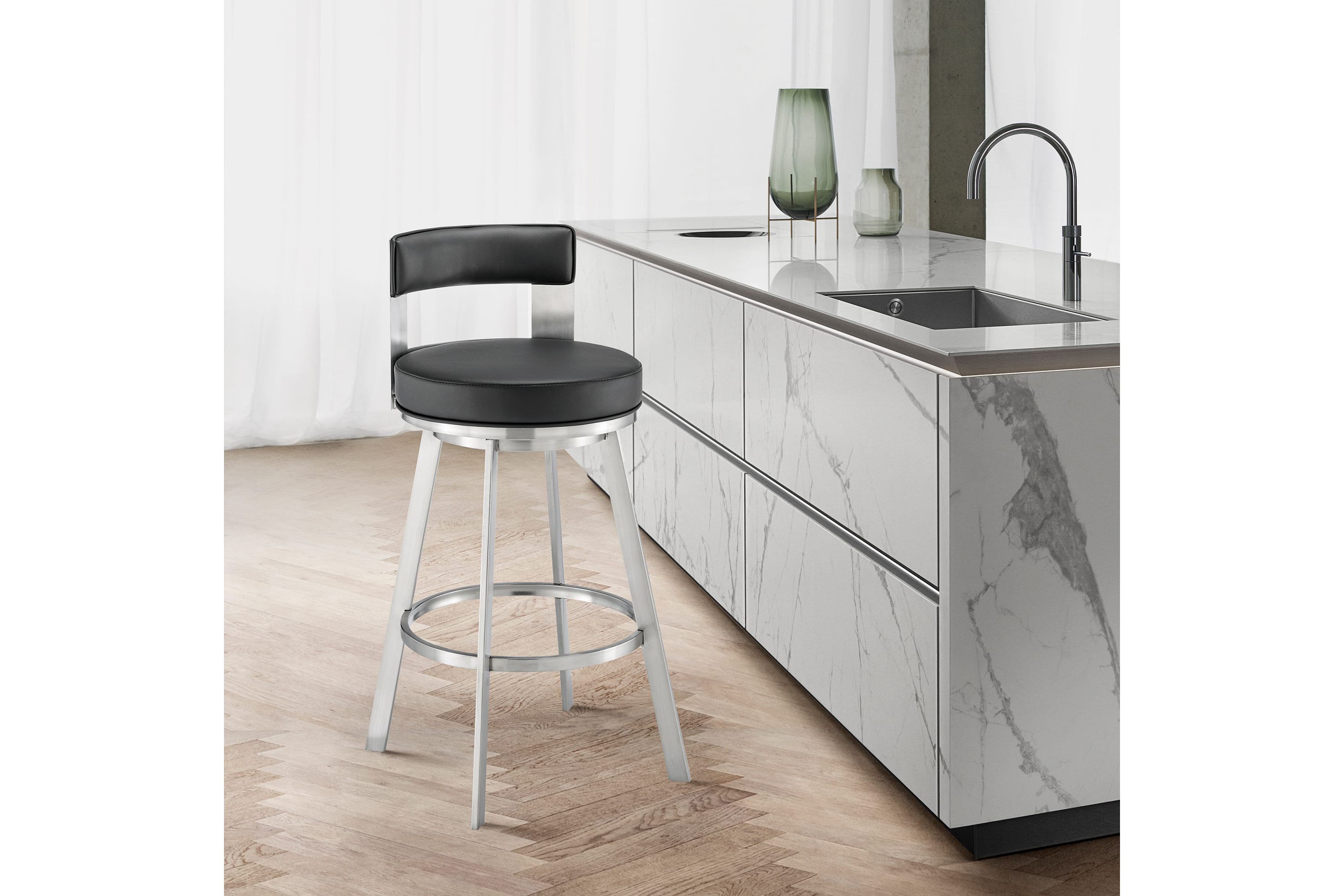 Lynof Swivel Counter Stool in Brushed Stainless Steel with Black Faux Leather