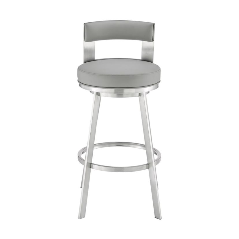 Lynof Swivel Counter Stool in Brushed Stainless Steel with Light Gray Faux Leather