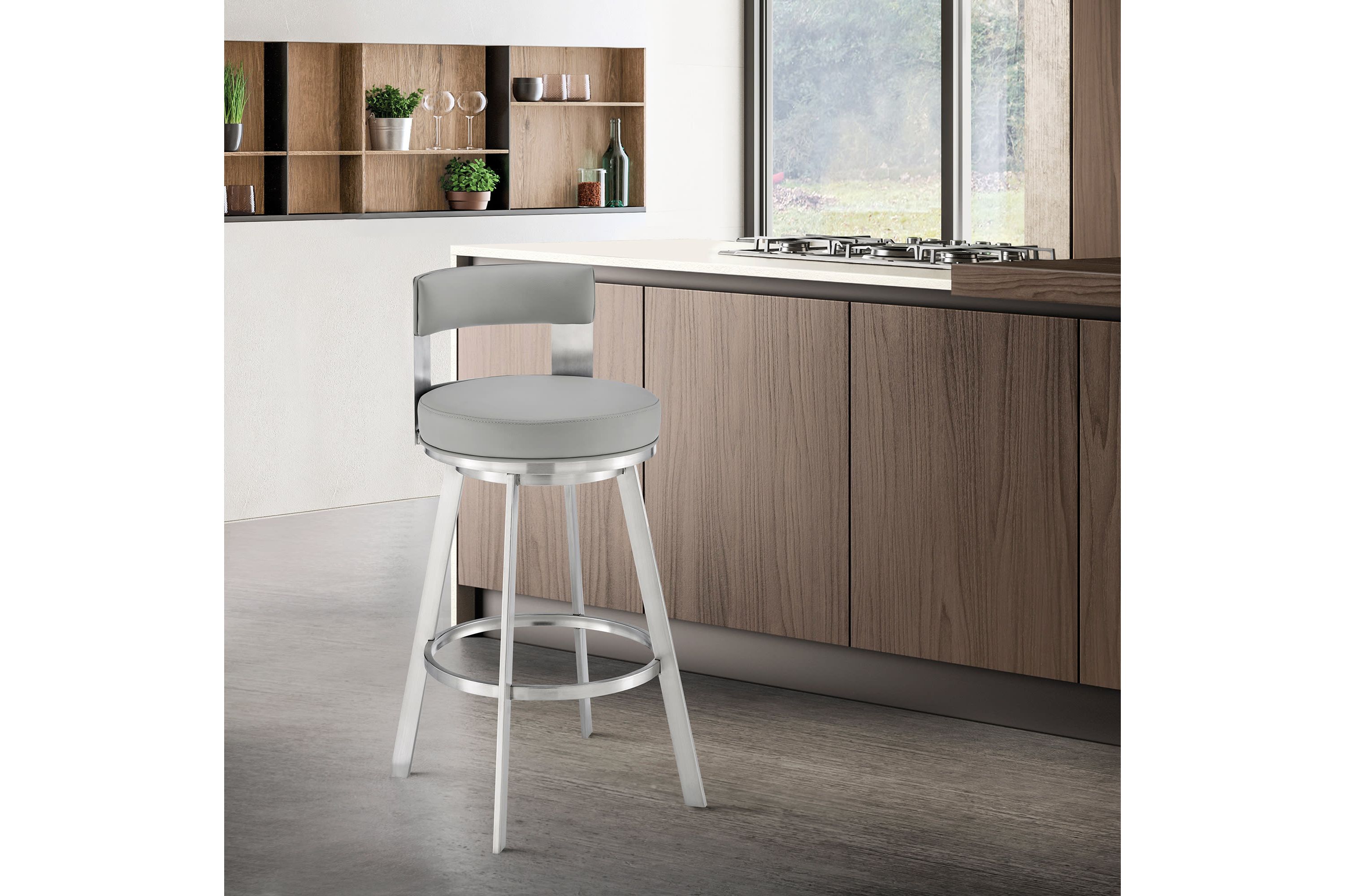 Lynof Swivel Counter Stool in Brushed Stainless Steel with Light Gray Faux Leather