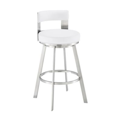 Armen Living Lynof Swivel Counter Stool in Brushed Stainless Steel with White Faux Leather