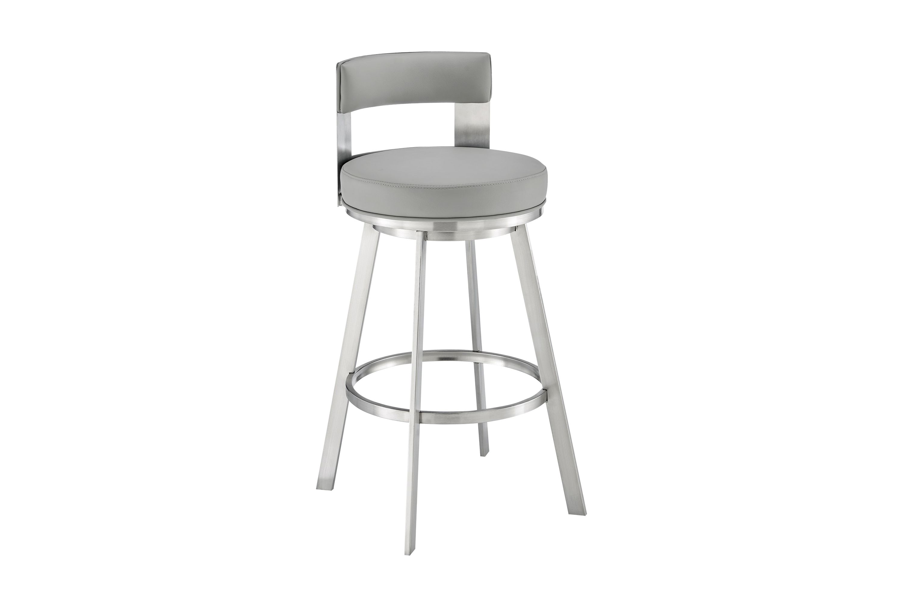 Lynof Swivel Bar Stool in Brushed Stainless Steel with Light Gray Faux Leather