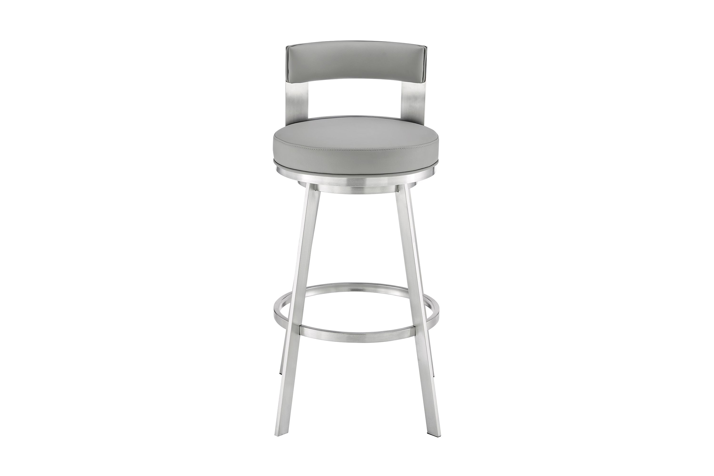 Lynof Swivel Bar Stool in Brushed Stainless Steel with Light Gray Faux Leather