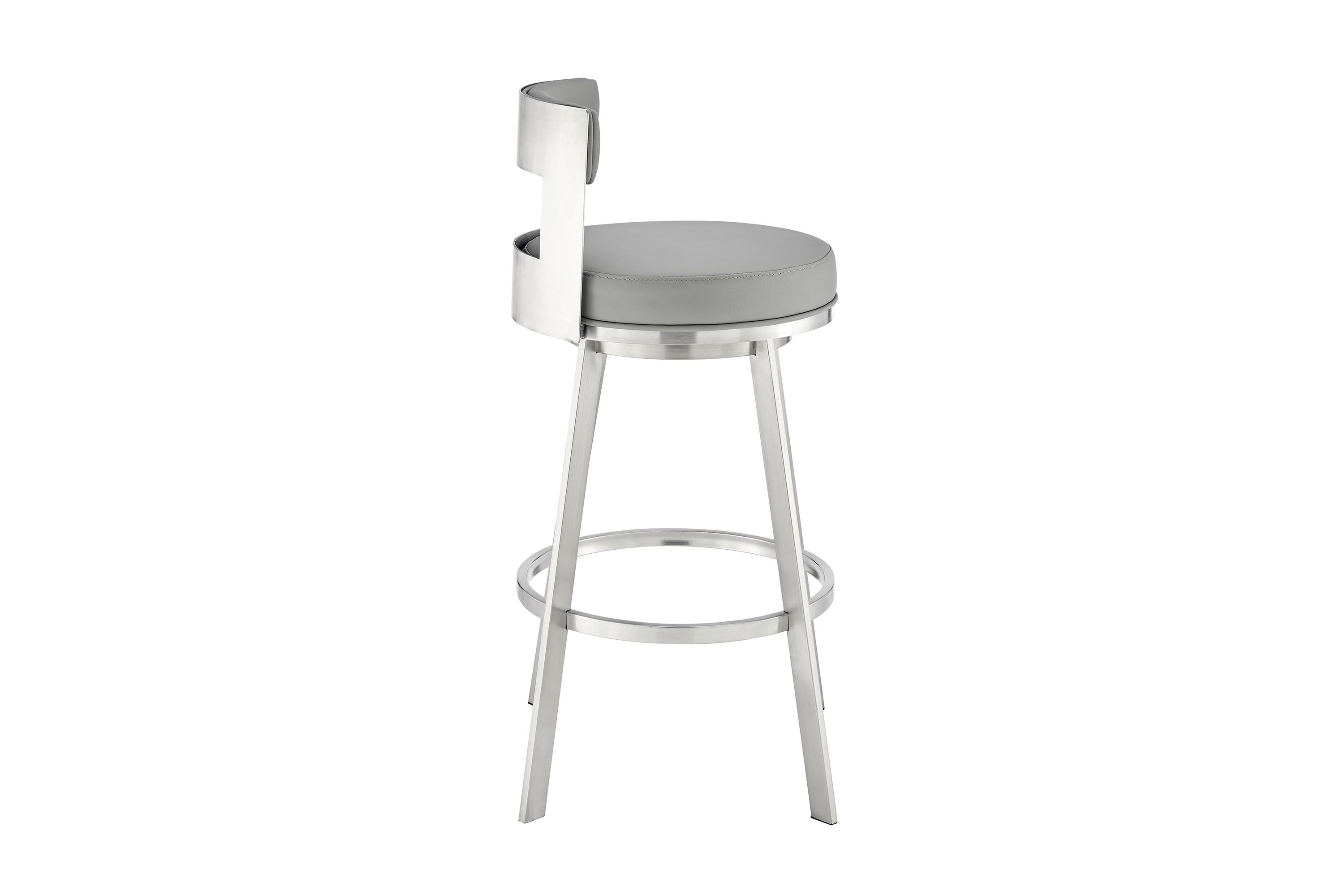 Lynof Swivel Bar Stool in Brushed Stainless Steel with Light Gray Faux Leather