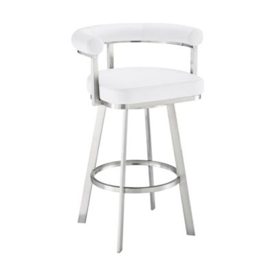 Armen Living Nolagam Swivel Counter Stool in Brushed Stainless Steel with White Faux Leather