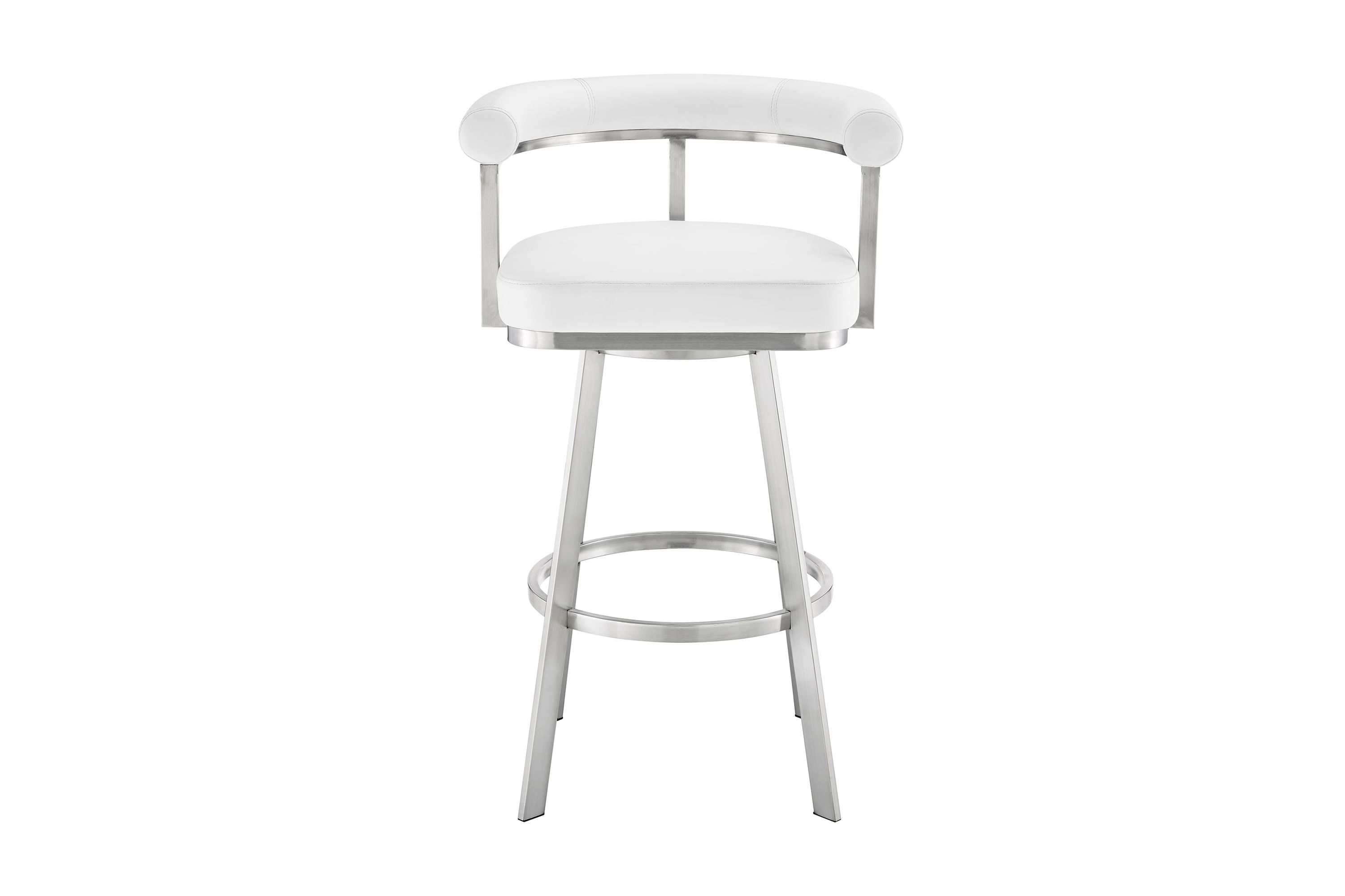 Nolagam Swivel Bar Stool in Brushed Stainless Steel with White Faux Leather