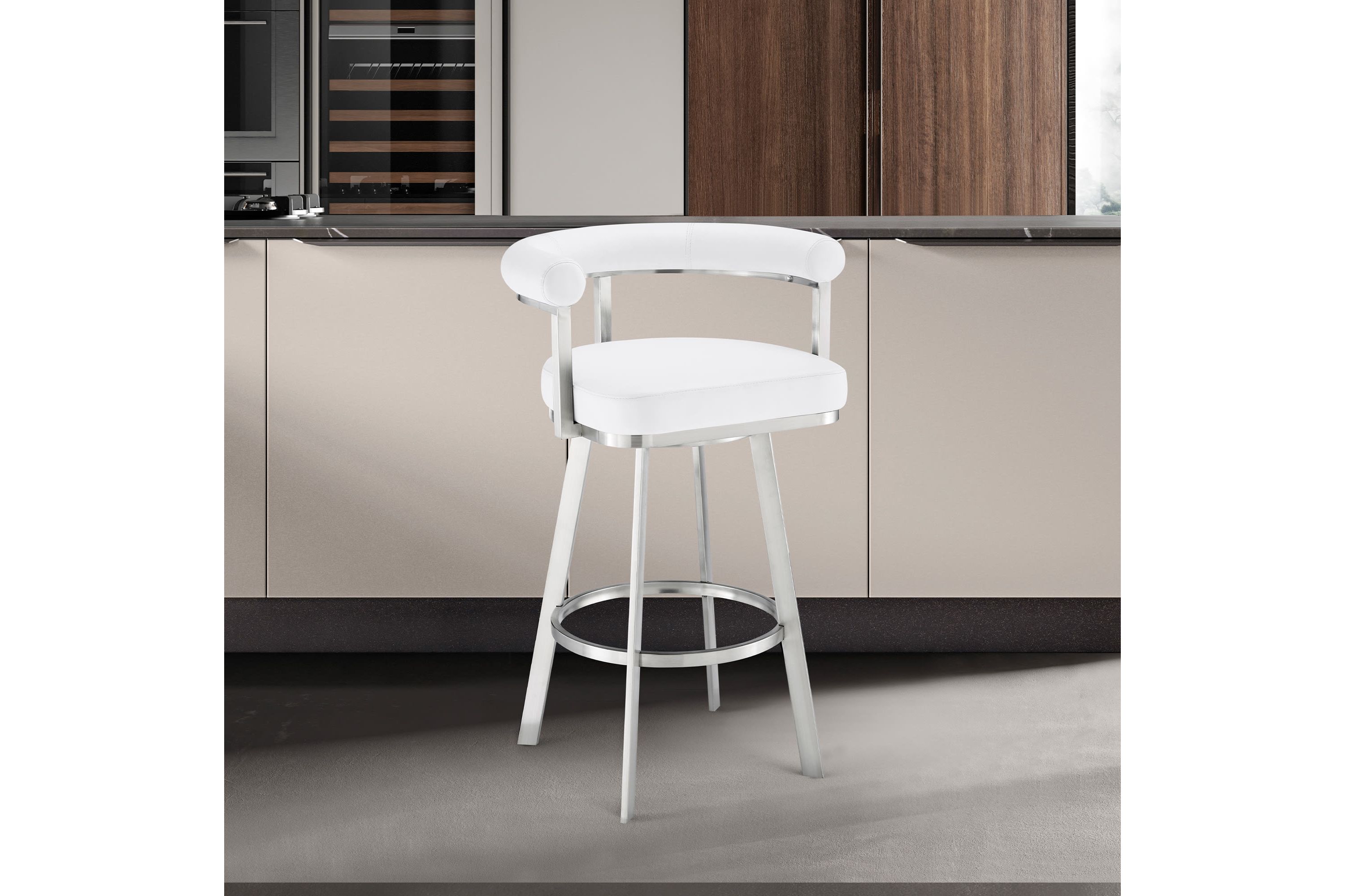 Nolagam Swivel Bar Stool in Brushed Stainless Steel with White Faux Leather