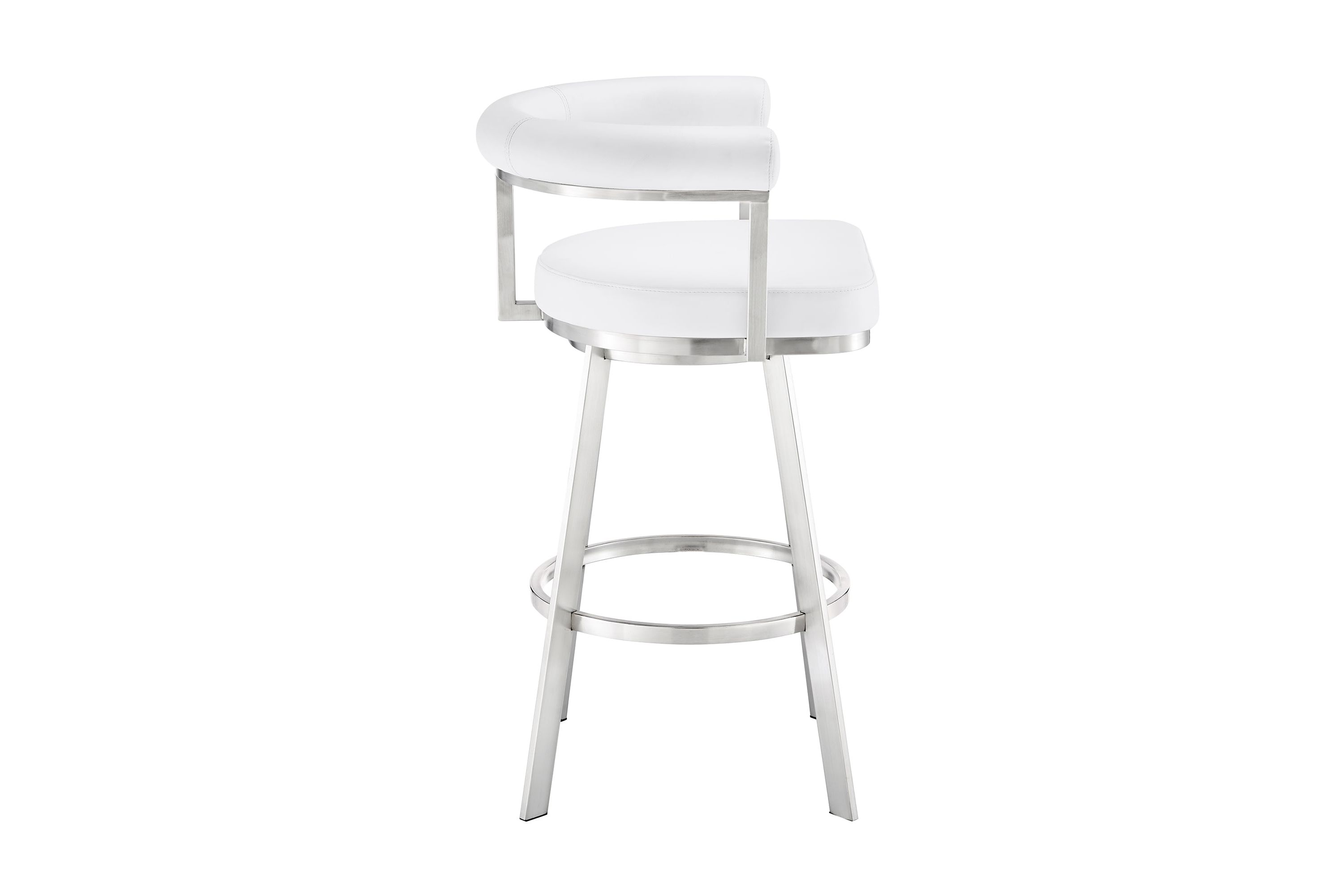 Nolagam Swivel Bar Stool in Brushed Stainless Steel with White Faux Leather