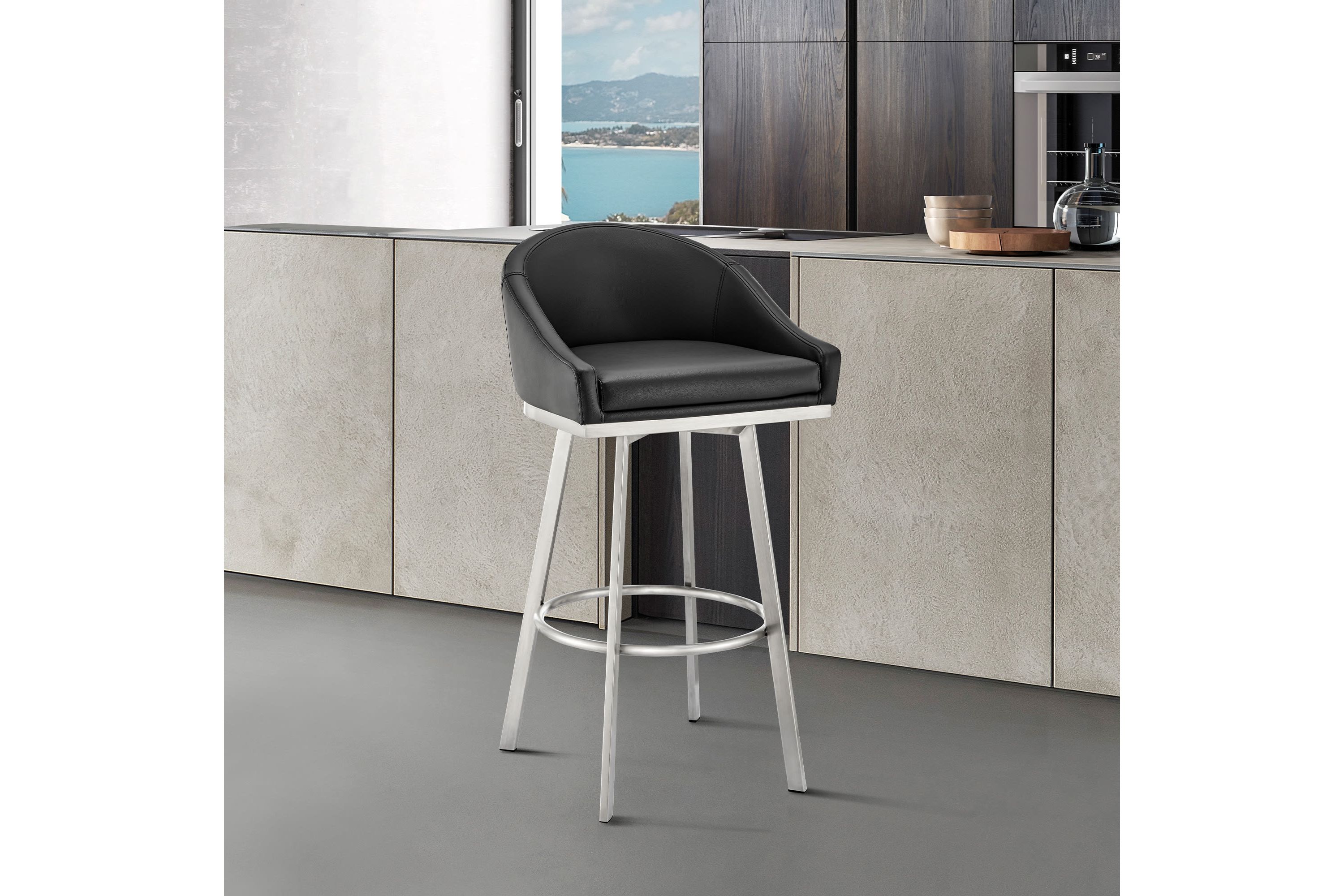 Noran Swivel Bar Stool in Brushed Stainless Steel with Black Faux Leather