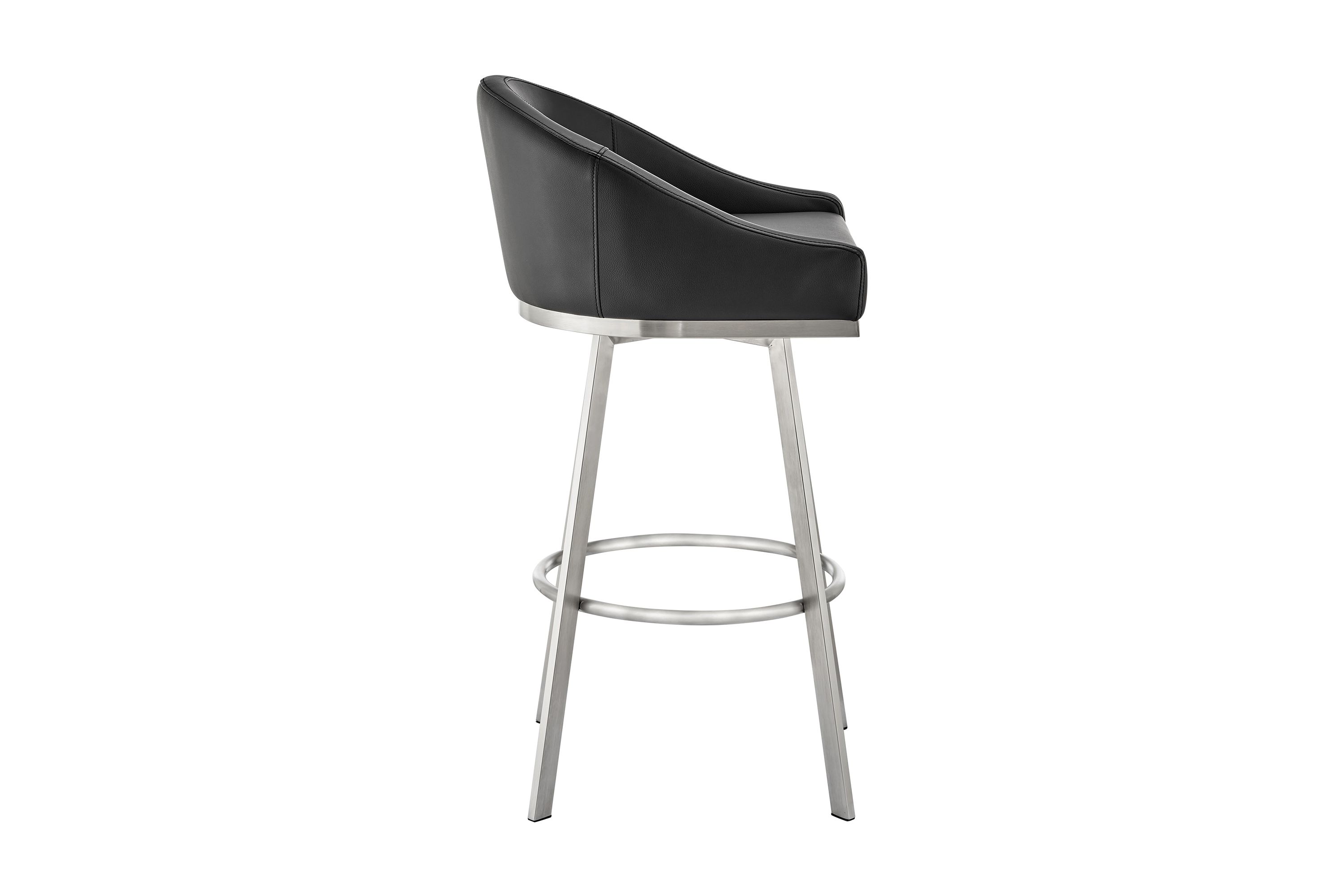 Noran Swivel Bar Stool in Brushed Stainless Steel with Black Faux Leather