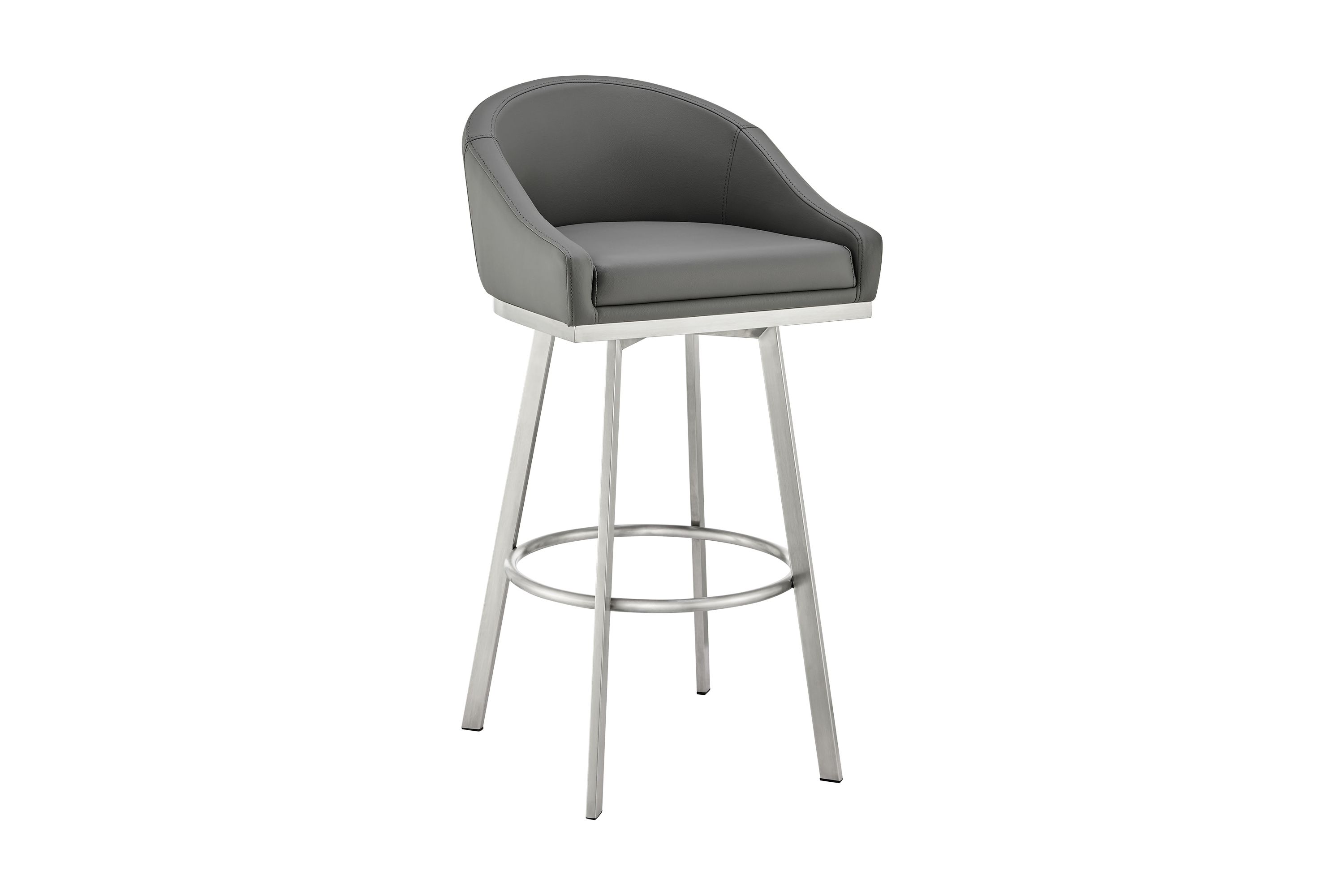 Noran Swivel Bar Stool in Brushed Stainless Steel with Gray Faux Leather