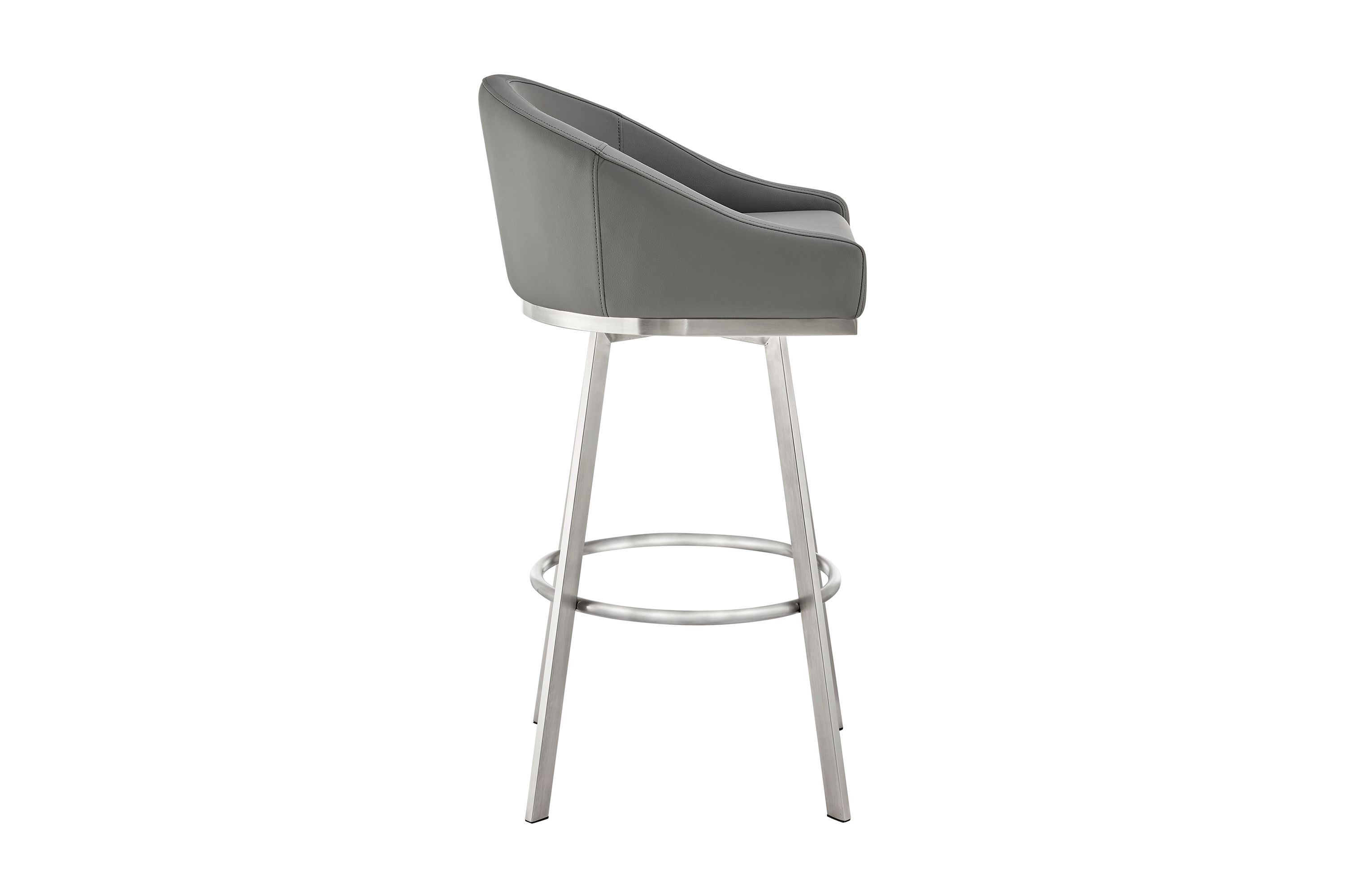 Noran Swivel Bar Stool in Brushed Stainless Steel with Gray Faux Leather