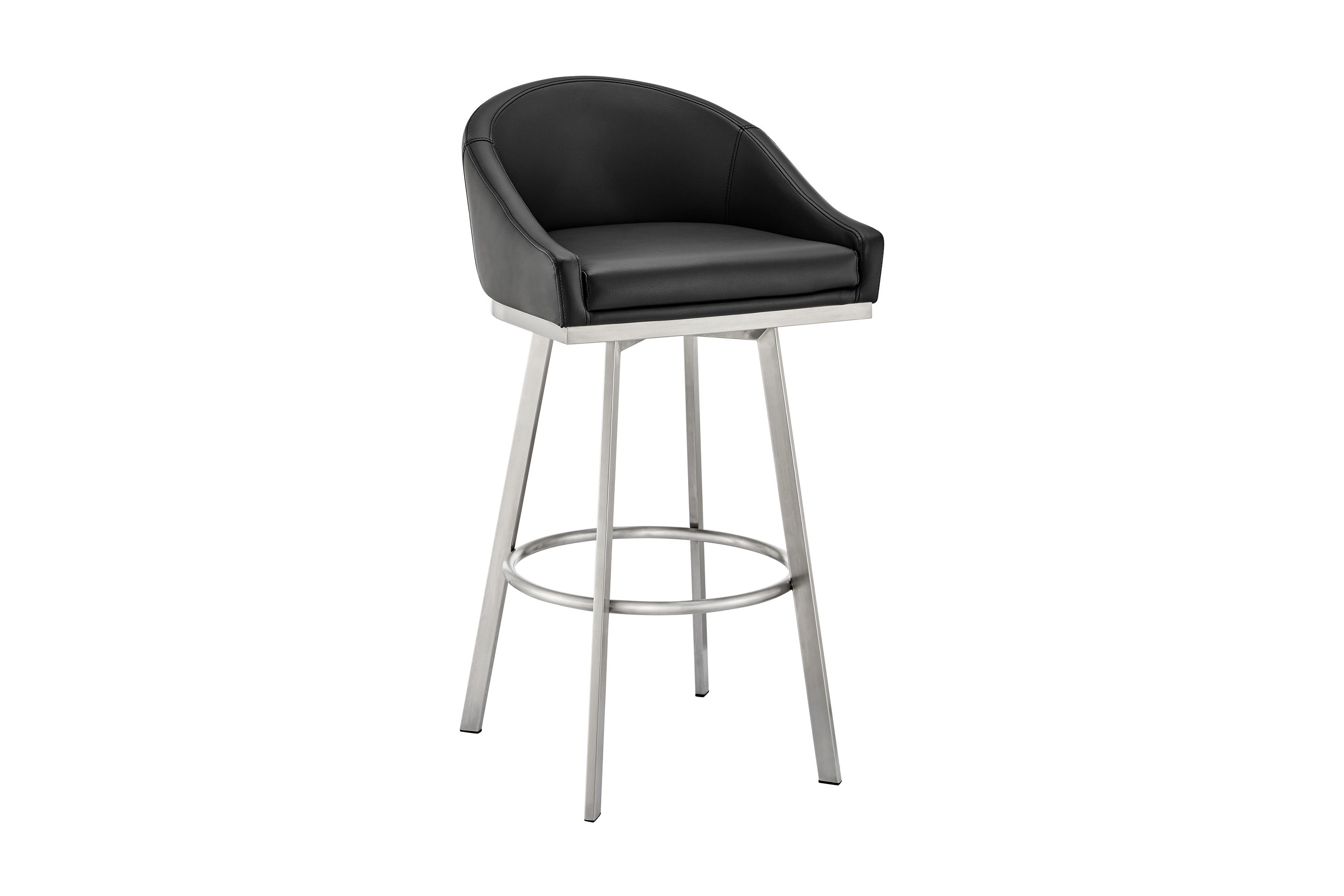 Noran Swivel Counter Stool in Brushed Stainless Steel and Black Faux Leather