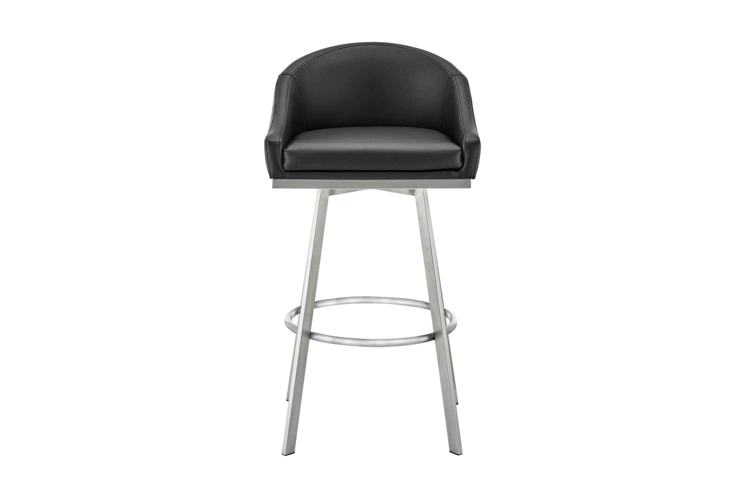 Noran Swivel Counter Stool in Brushed Stainless Steel and Black Faux Leather