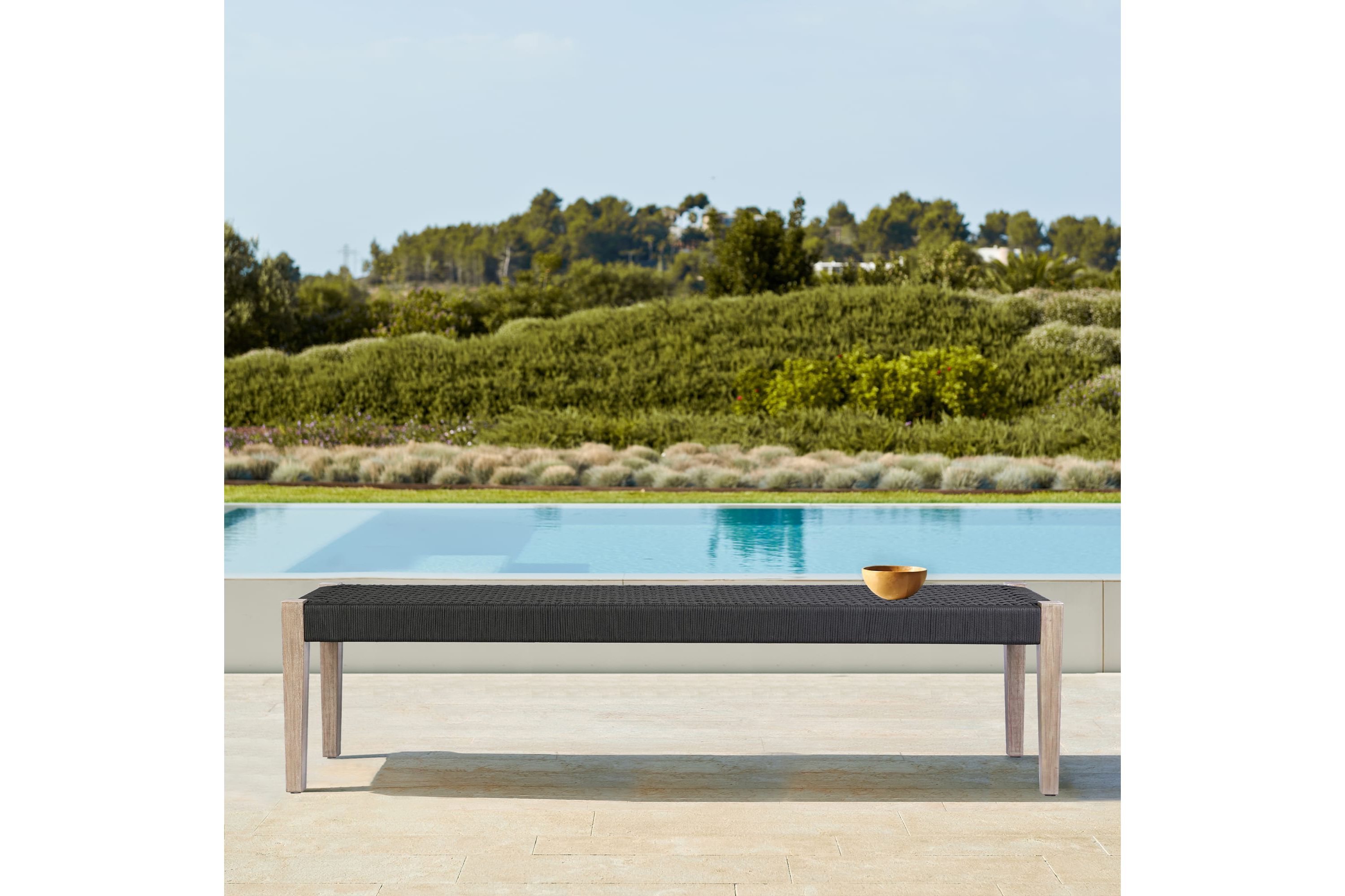 Camino Indoor Outdoor Dining Bench in Eucalyptus Wood and Charcoal Rope