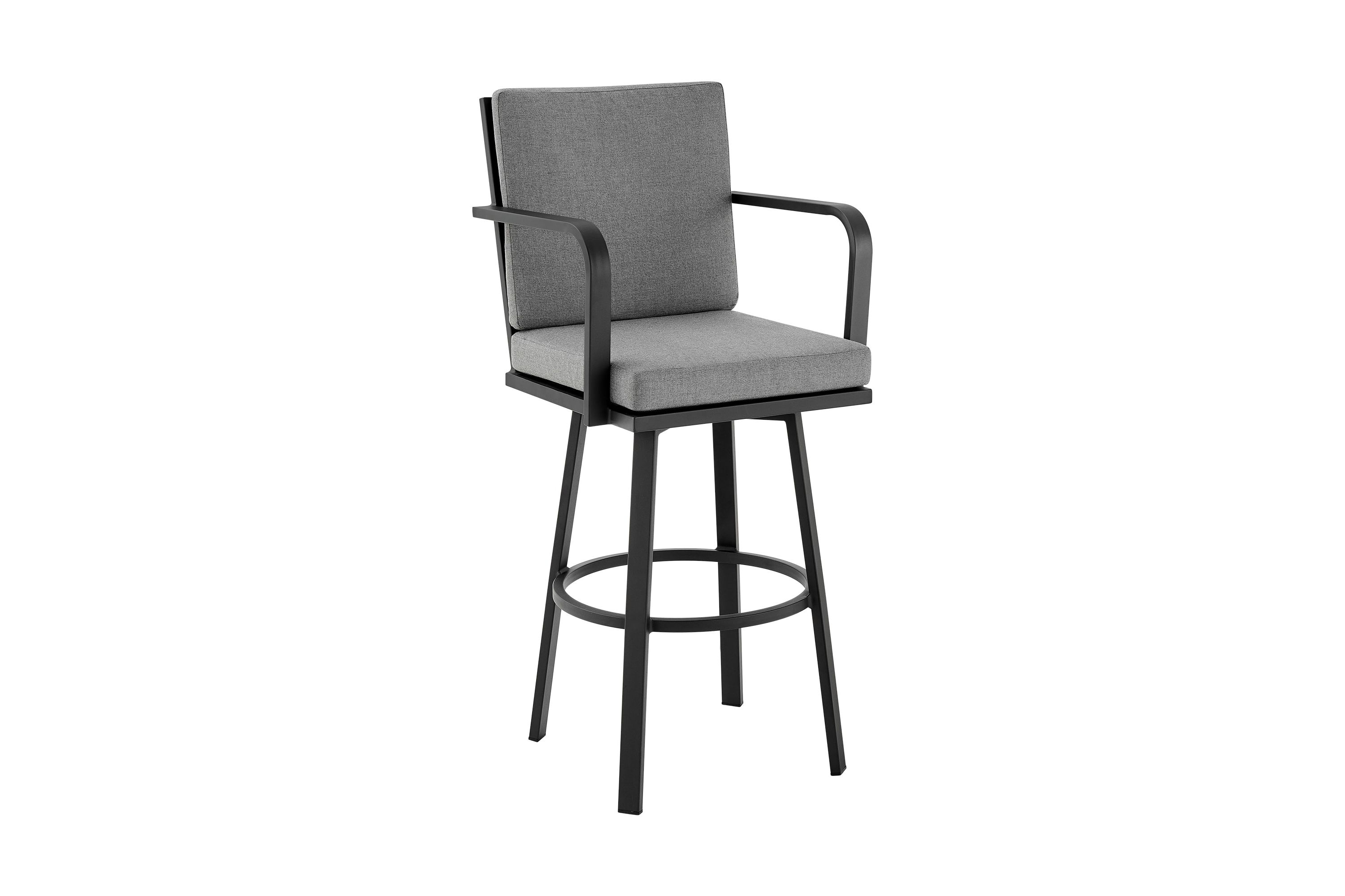 Don 26" Outdoor Patio Swivel Counter Stool in Black Aluminum with Gray Cushions