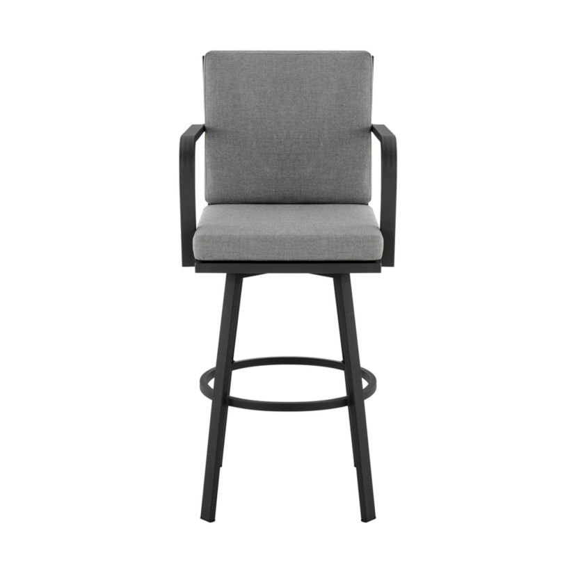 Don 26" Outdoor Patio Swivel Counter Stool in Black Aluminum with Gray Cushions