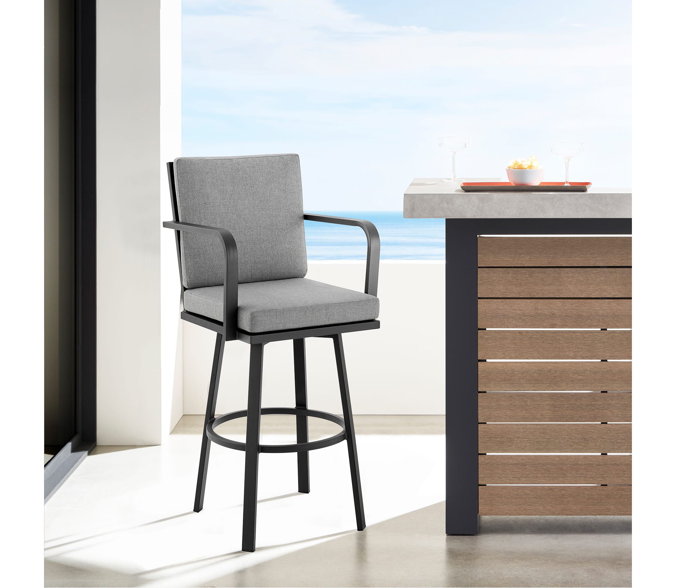 Don 26" Outdoor Patio Swivel Counter Stool in Black Aluminum with Gray Cushions