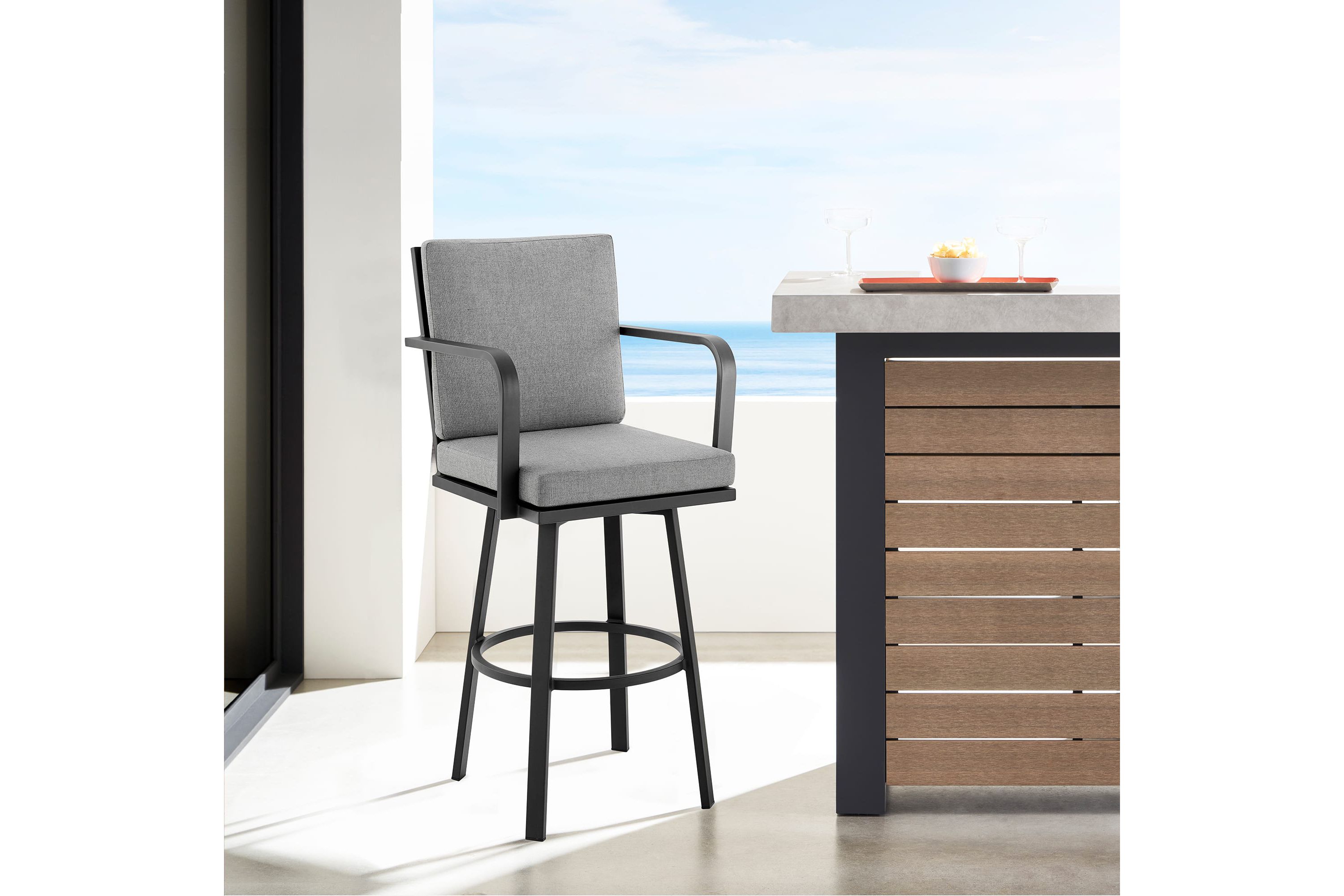Don 26" Outdoor Patio Swivel Counter Stool in Black Aluminum with Gray Cushions