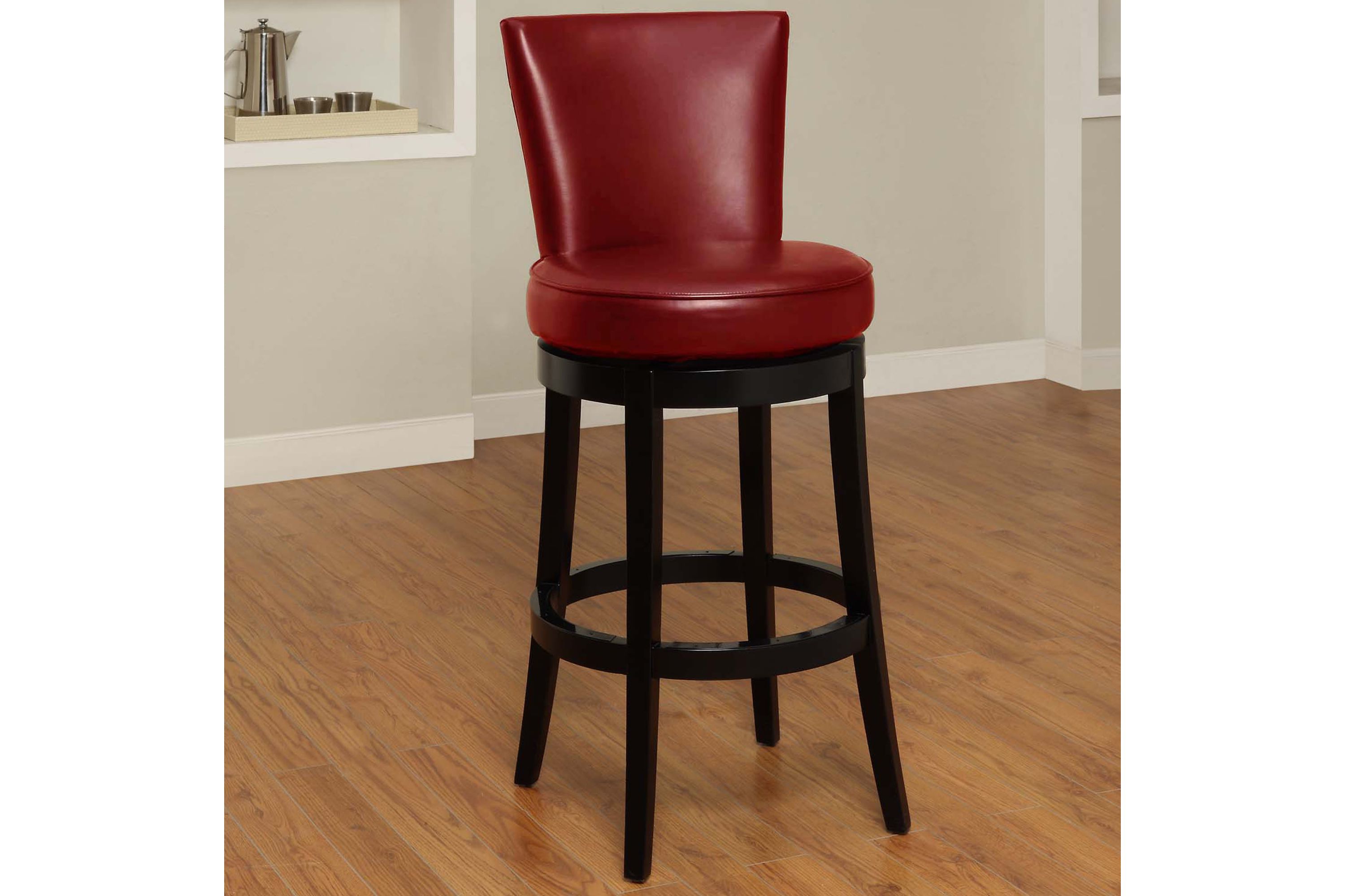 Boston 30" Bar Height Swivel Red Faux Leather and Black Wood Bar Stool