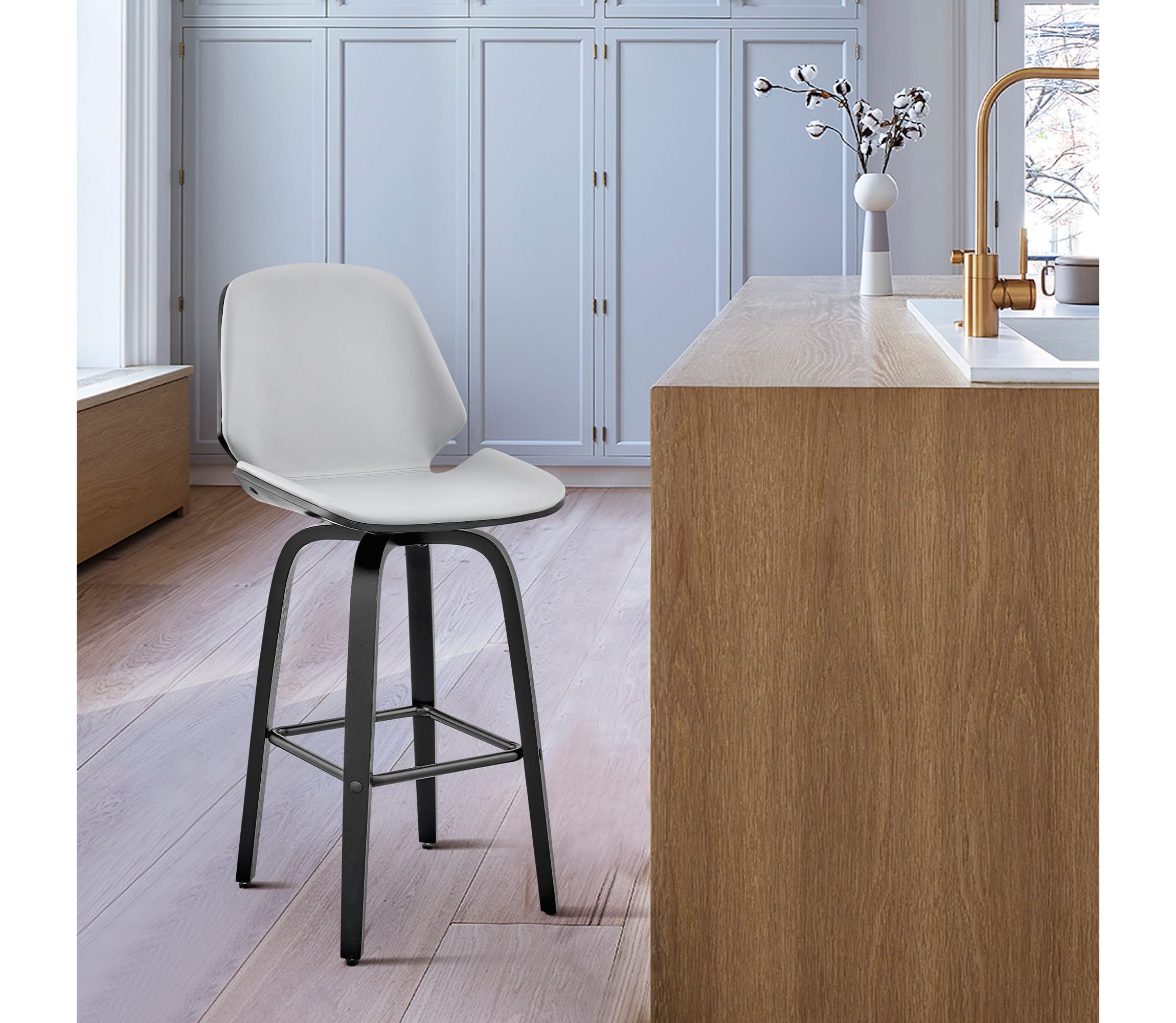 Arabela 26" Gray Faux Leather and Black Wood Swivel Bar Stool