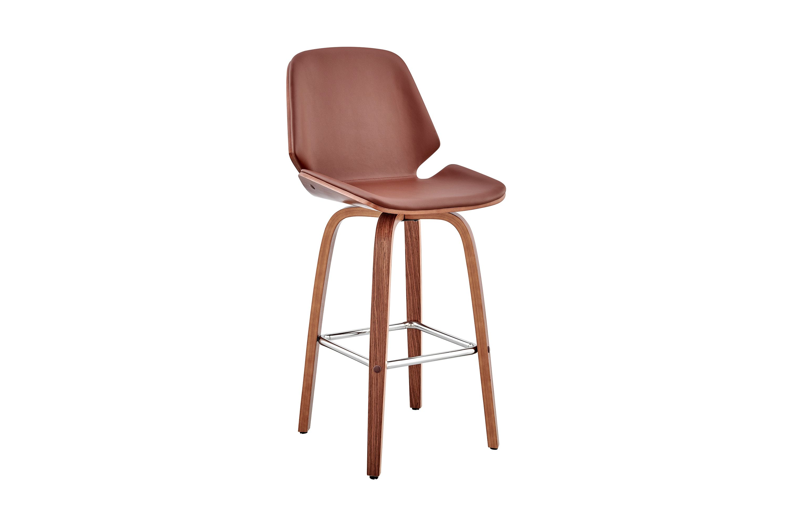 Arabela 26" Brown Faux Leather and Walnut Wood Swivel Bar Stool